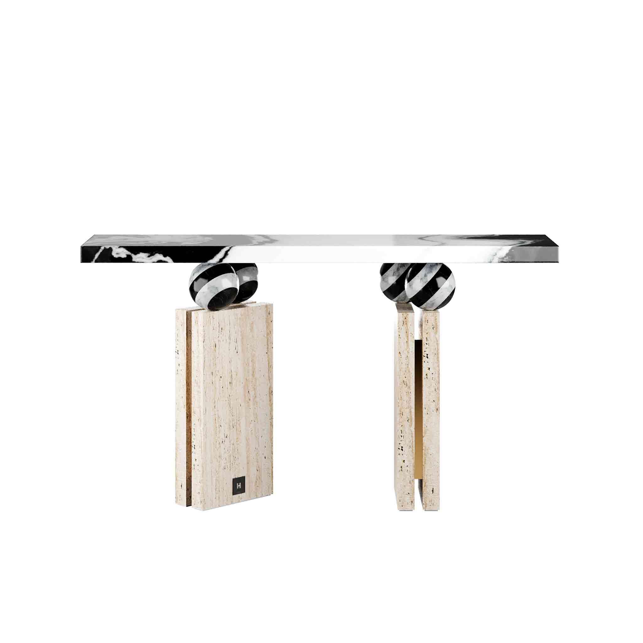 Polished Modern Brutalist Console Table Black & White Marble, Travertine Stone & Brass  For Sale