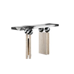 Modern Brutalist Console Table Black & White Marble, Travertine Stone & Brass