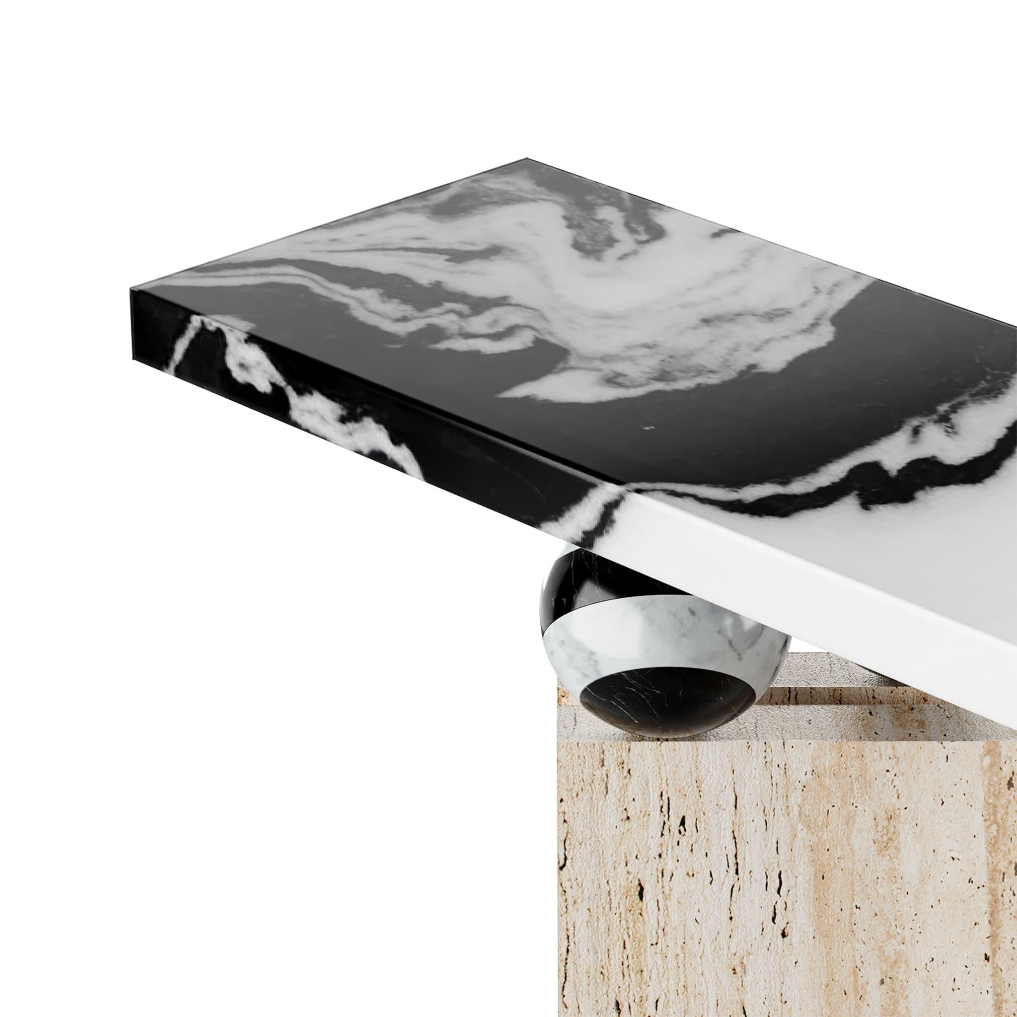 Portuguese Modern Brutalist Console Table Black & White Marble, Travertine Stone & Brass  For Sale