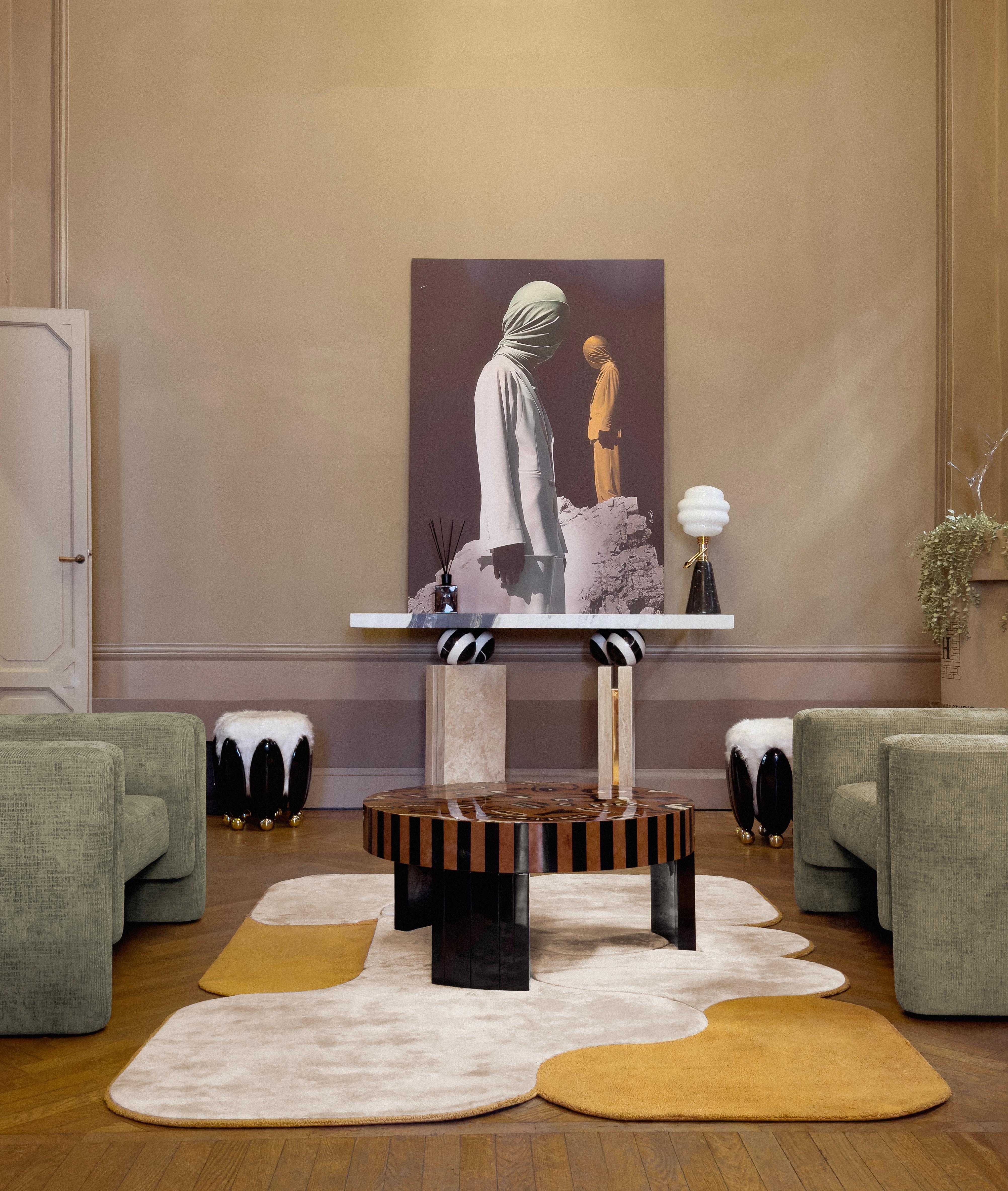 Portuguese Modern Brutalist Console Table Black & White Marble, Travertine Stone & Brass For Sale