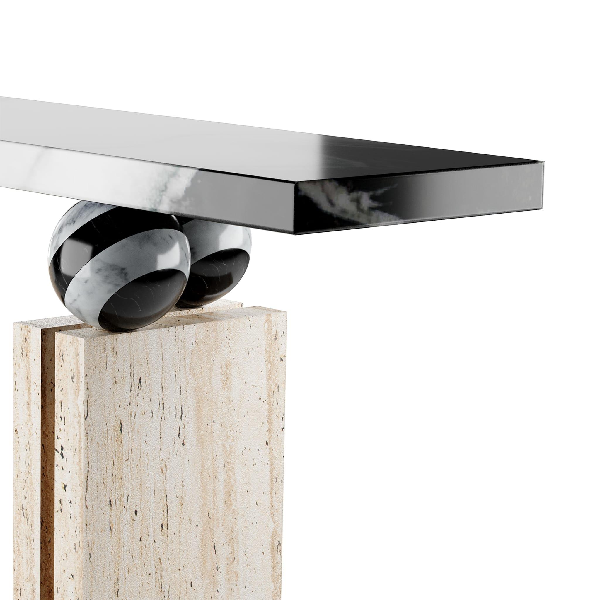 Modern Brutalist Console Table Black & White Marble, Travertine Stone & Brass  For Sale 1