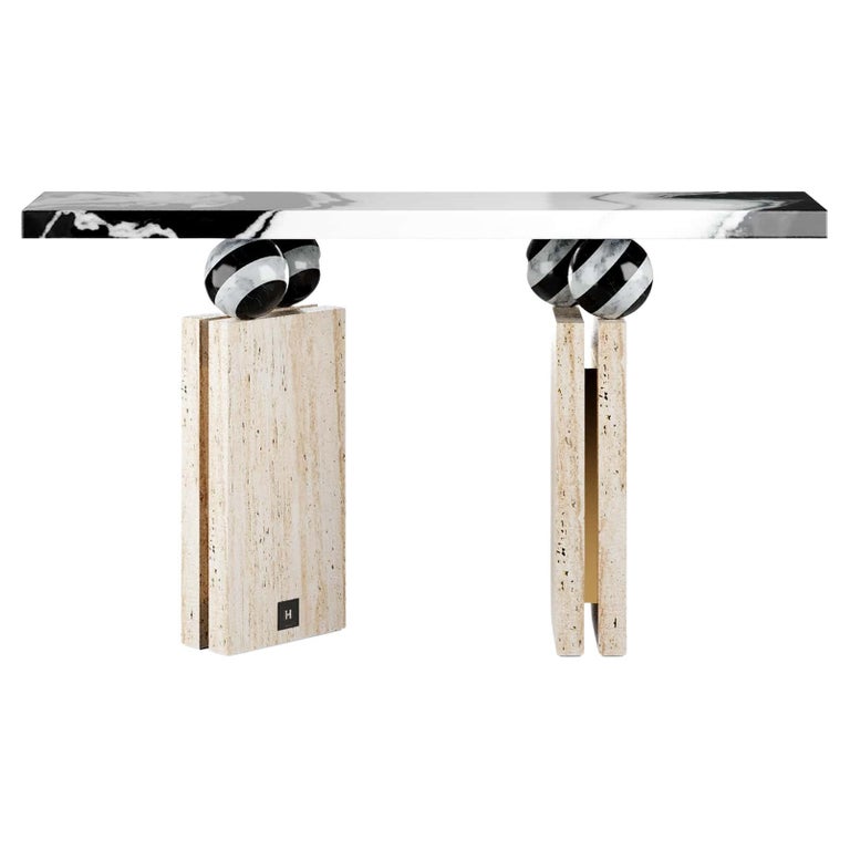 Modern Brutalist Console Table Black & White Marble, Travertine Stone & Brass  For Sale