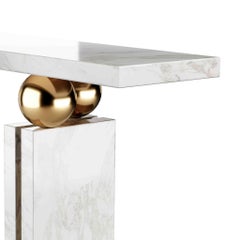 Modern Brutalist Console Table with White Marble & Polished Brass Details