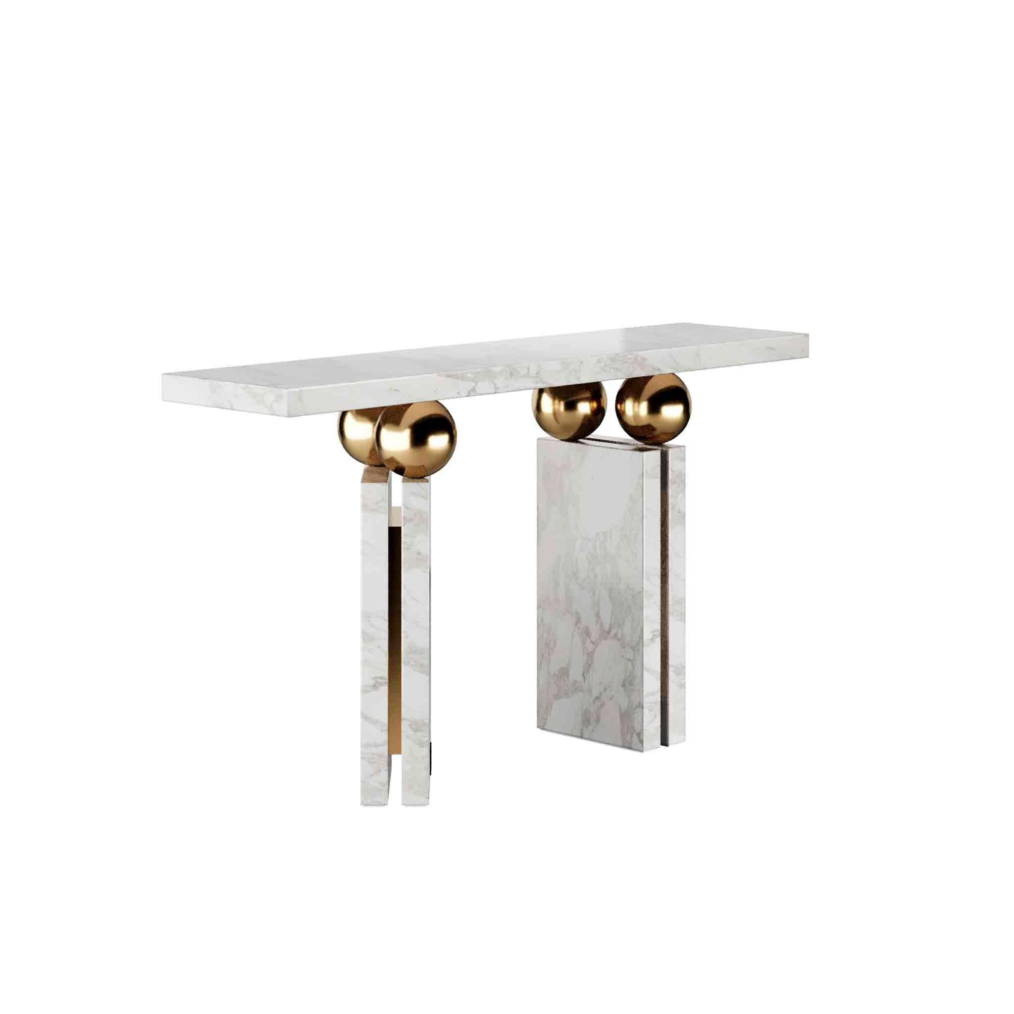 Portuguese Modern Brutalist Console Table with White Marble & Polished Brass Details For Sale