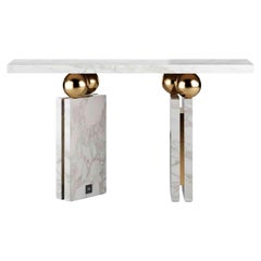 Modern Brutalist Console Table with White Marble & Polished Brass Details