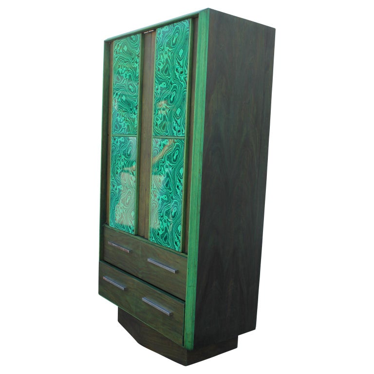 Modern Brutalist Faux Malachite Green Dyed Tall Boy Dresser Or
