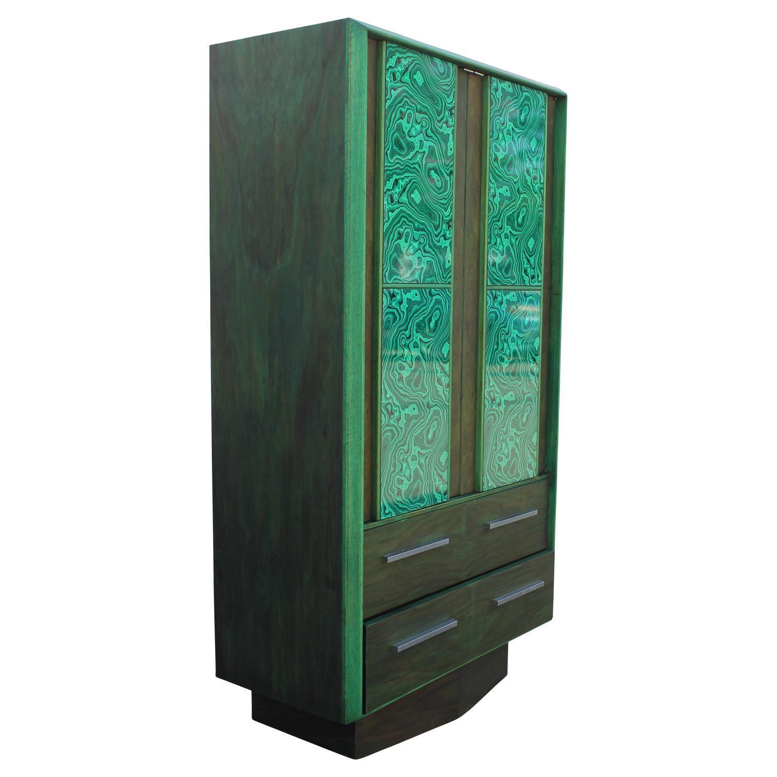 Green dyed walnut dresser with faux Malachite panels. Original Lane Furniture cabinet restored by the Reeves Art and Design team.