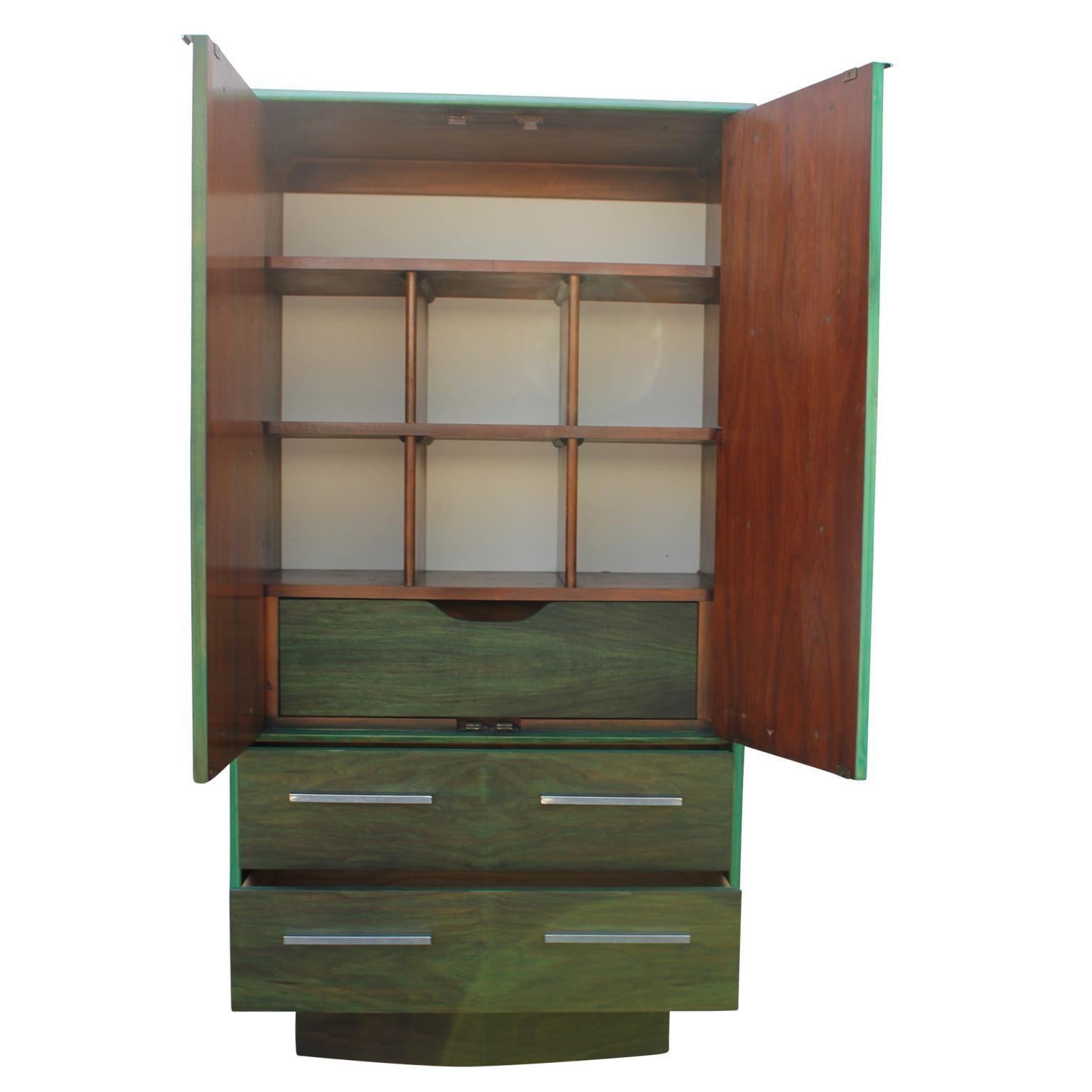 American Modern Brutalist Faux Malachite Green Dyed Tall Boy Dresser or Cabinet