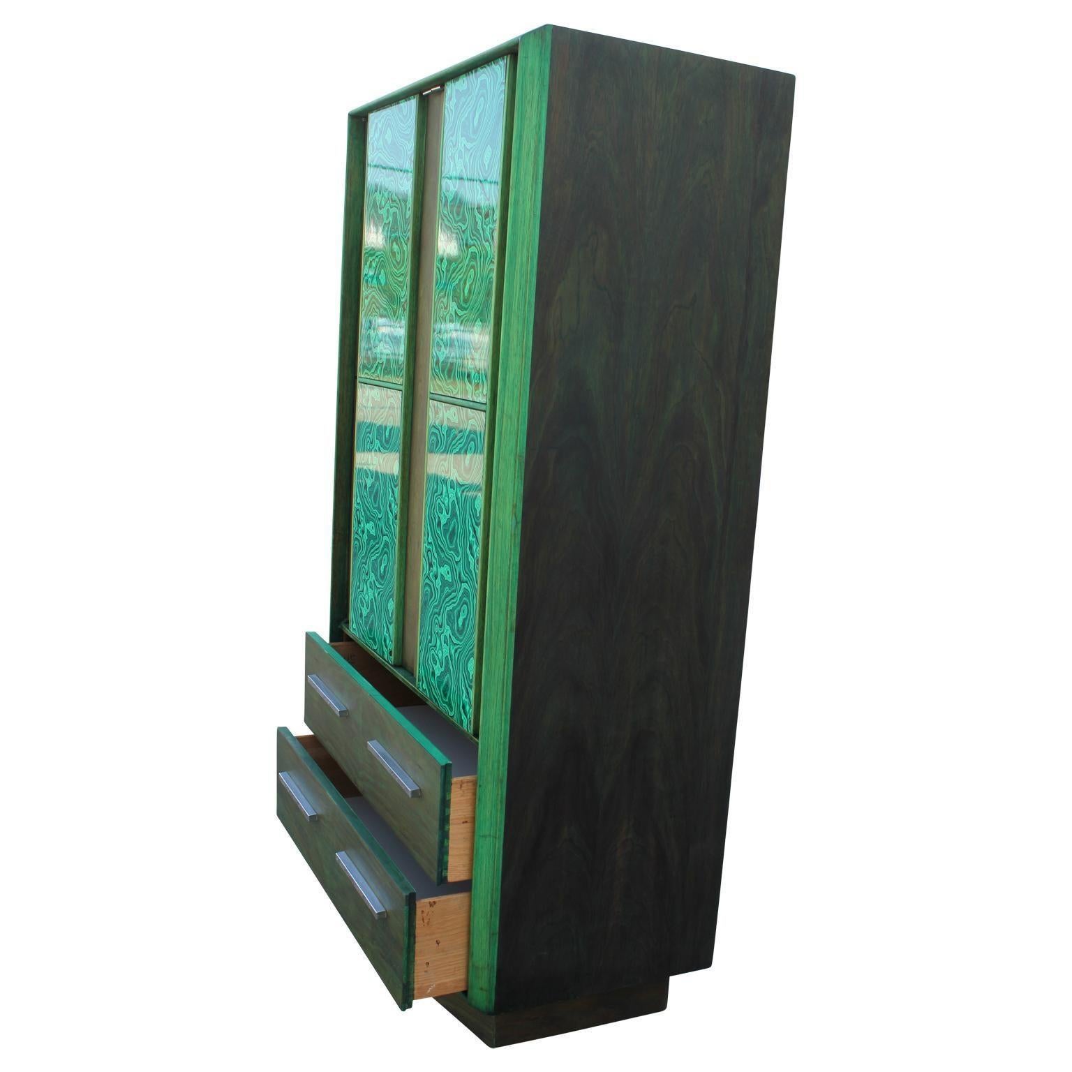 Modern Brutalist Faux Malachite Green Dyed Tall Boy Dresser or Cabinet In Good Condition In Houston, TX