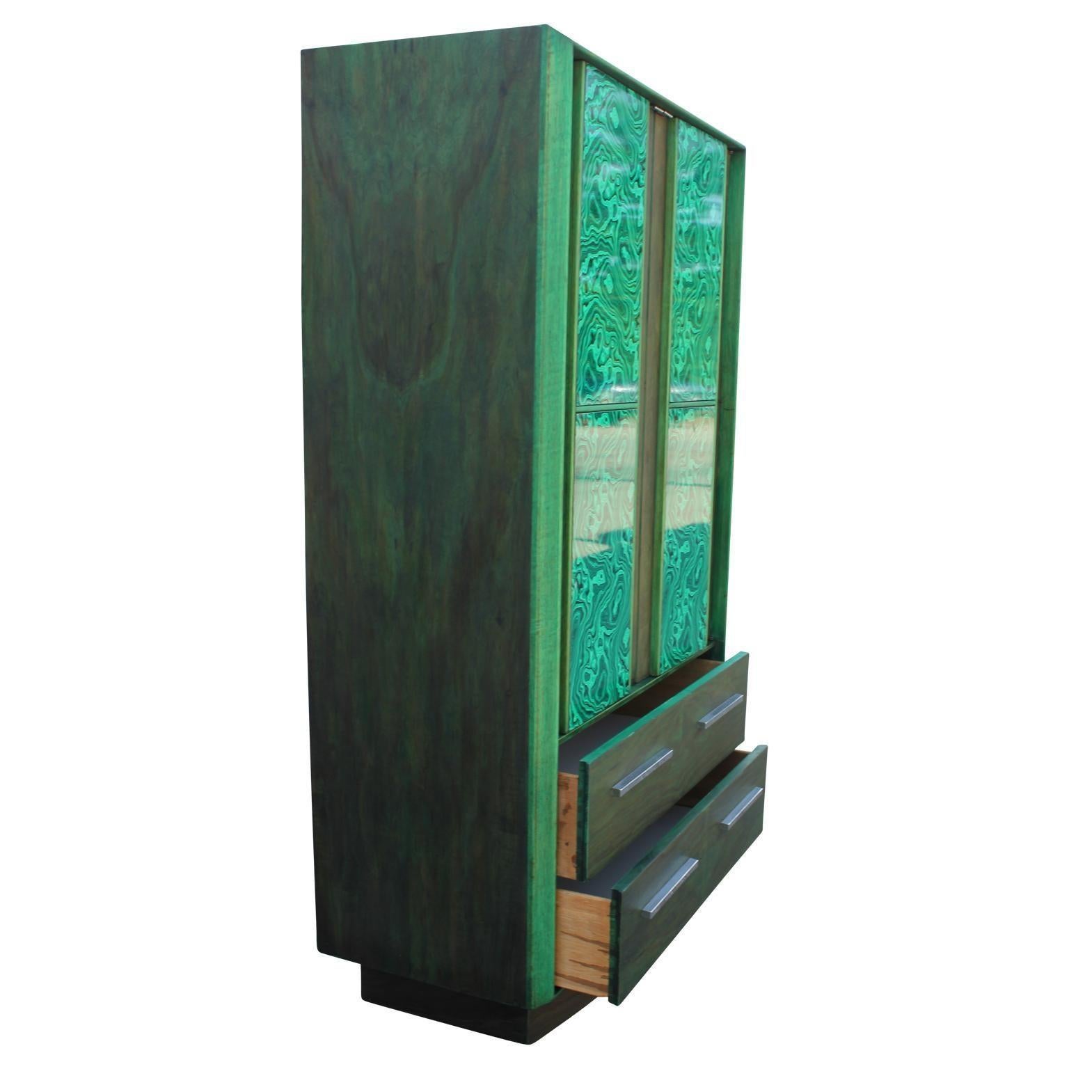 Late 20th Century Modern Brutalist Faux Malachite Green Dyed Tall Boy Dresser or Cabinet