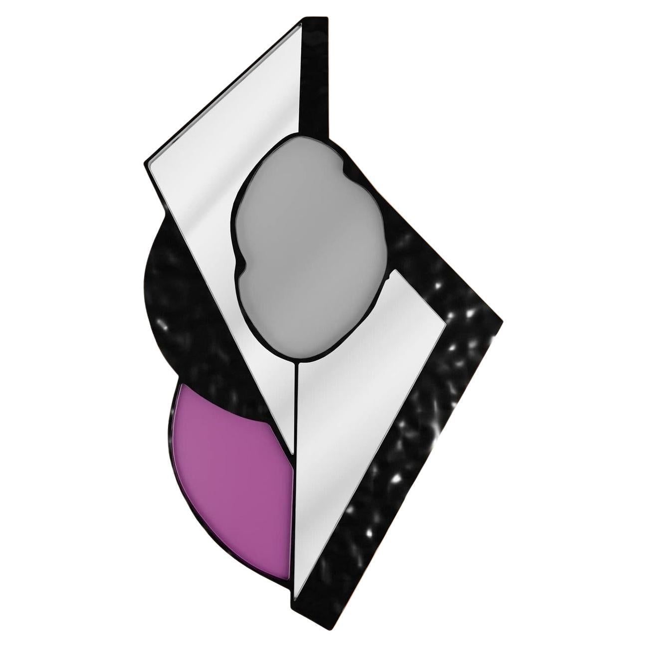Modern Brutalist Geometric Shaped Mirror in Purple Lilac & Black Hammered Glass For Sale