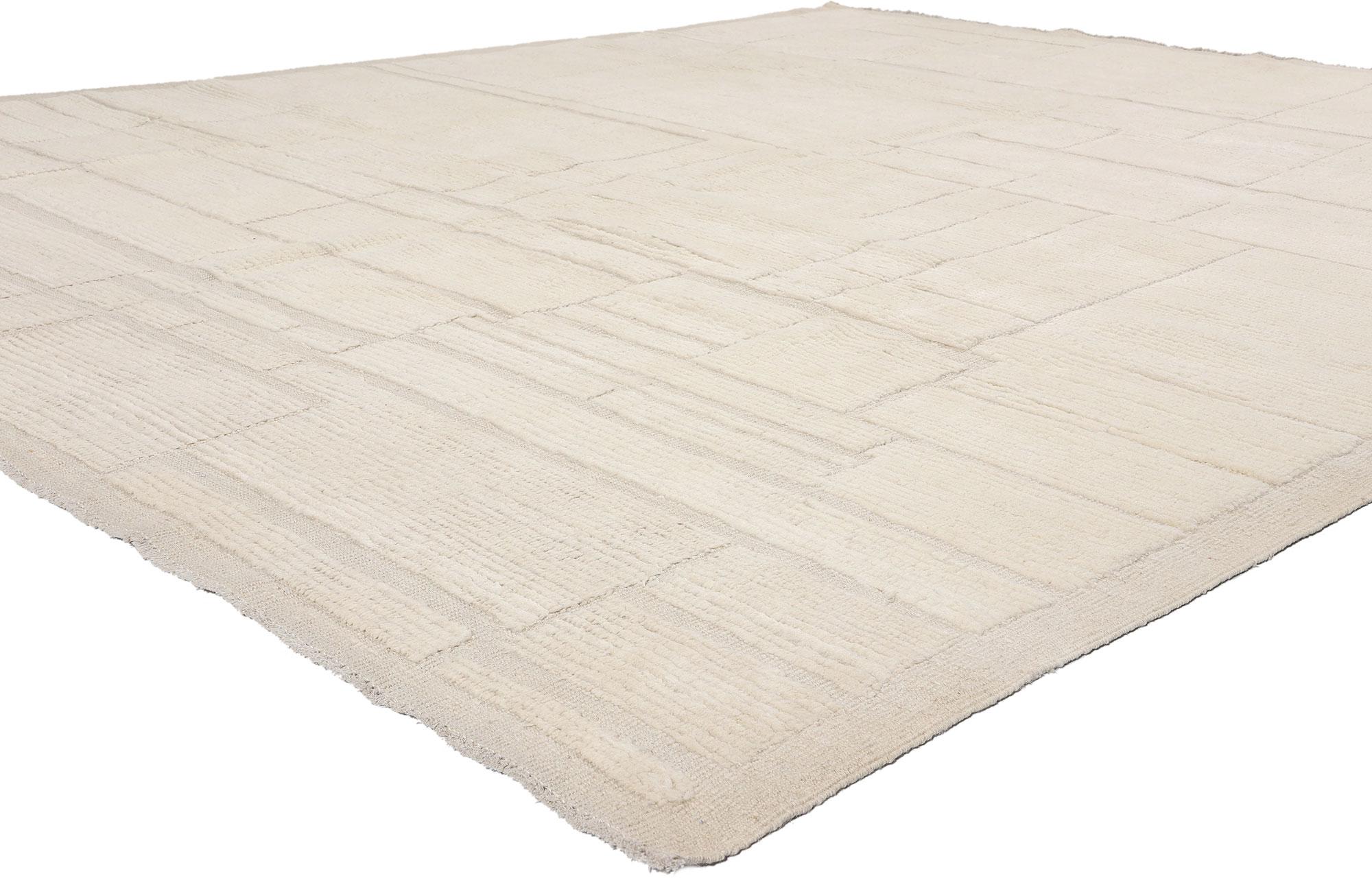81104 Organic Modern Ivory Moroccan High-Low Rug, 08'02 x 10'01. Elevate your space with the captivating fusion of minimalist simplicity and Brutalist ruggedness embodied in hand knotted wool organic modern ivory Moroccan high-low rug. Crafted with