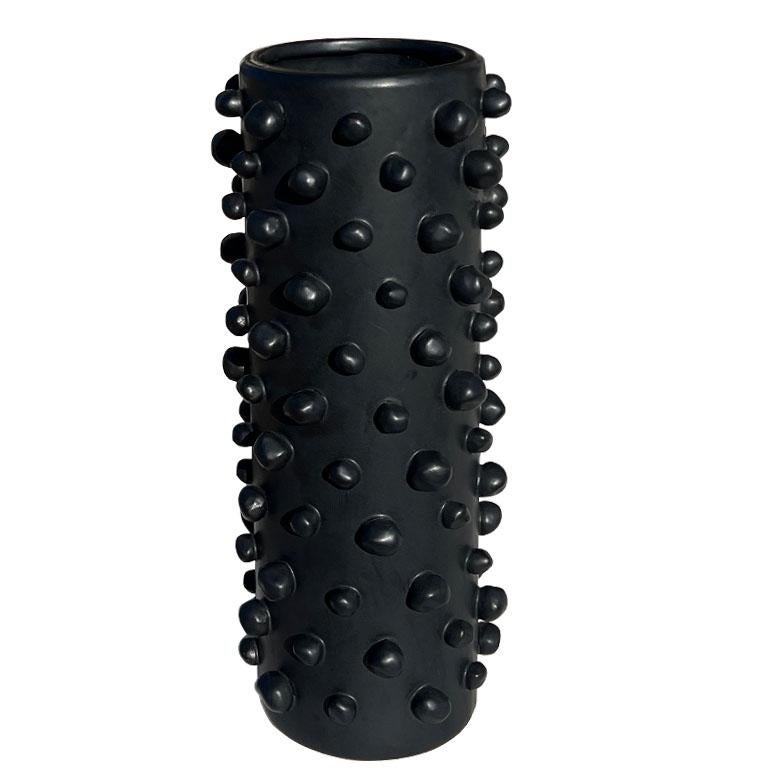 Peppen Sie Ihr Interieur mit dieser auffälligen schwarzen Keramikvase mit Stacheln auf. Ein gewagtes Statement, das modernes Design mit handwerklicher Kunstfertigkeit verbindet. Die Vase hat eine schlanke, zylindrische Silhouette und ist mit