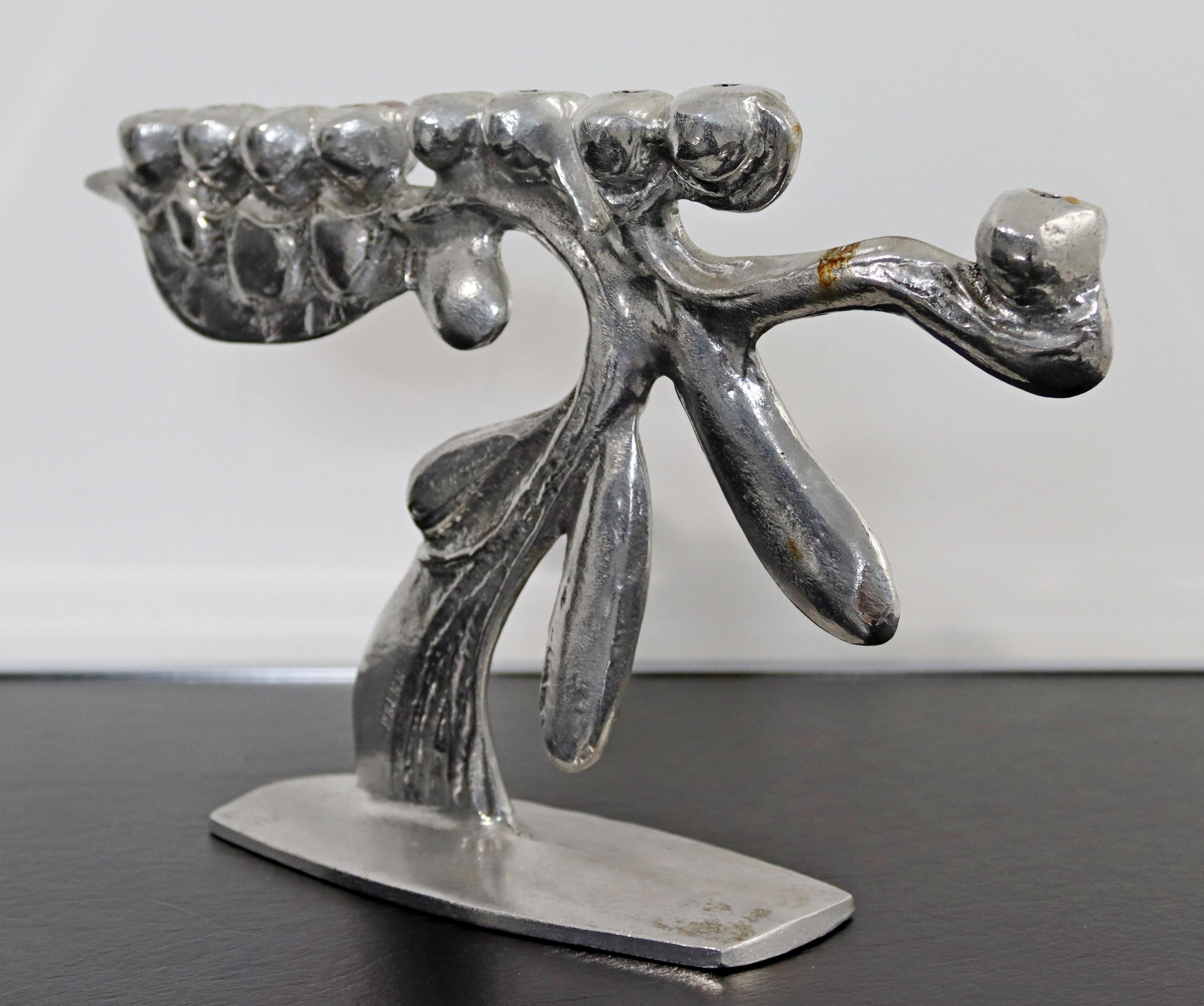 Mid-20th Century Modern Brutalist Menorah Aluminum Sculpture Candle Holder Signed Donald Drumm