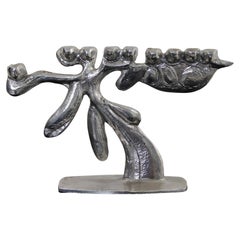 Vintage Modern Brutalist Menorah Aluminum Sculpture Candle Holder Signed Donald Drumm