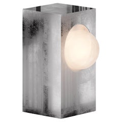 Modern Brutalist Metalic Table Lamp Geometric Silver Leaf Globe in White Glass