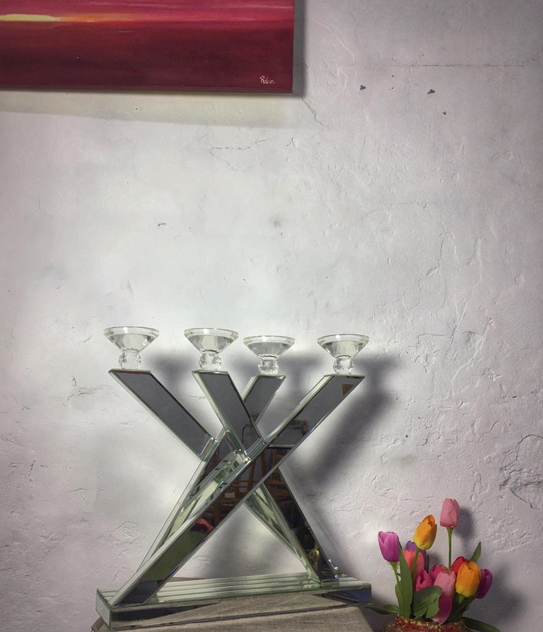 Modern, Brutalist Glass/Mirror Candle Holder Table Centerpiece For Sale