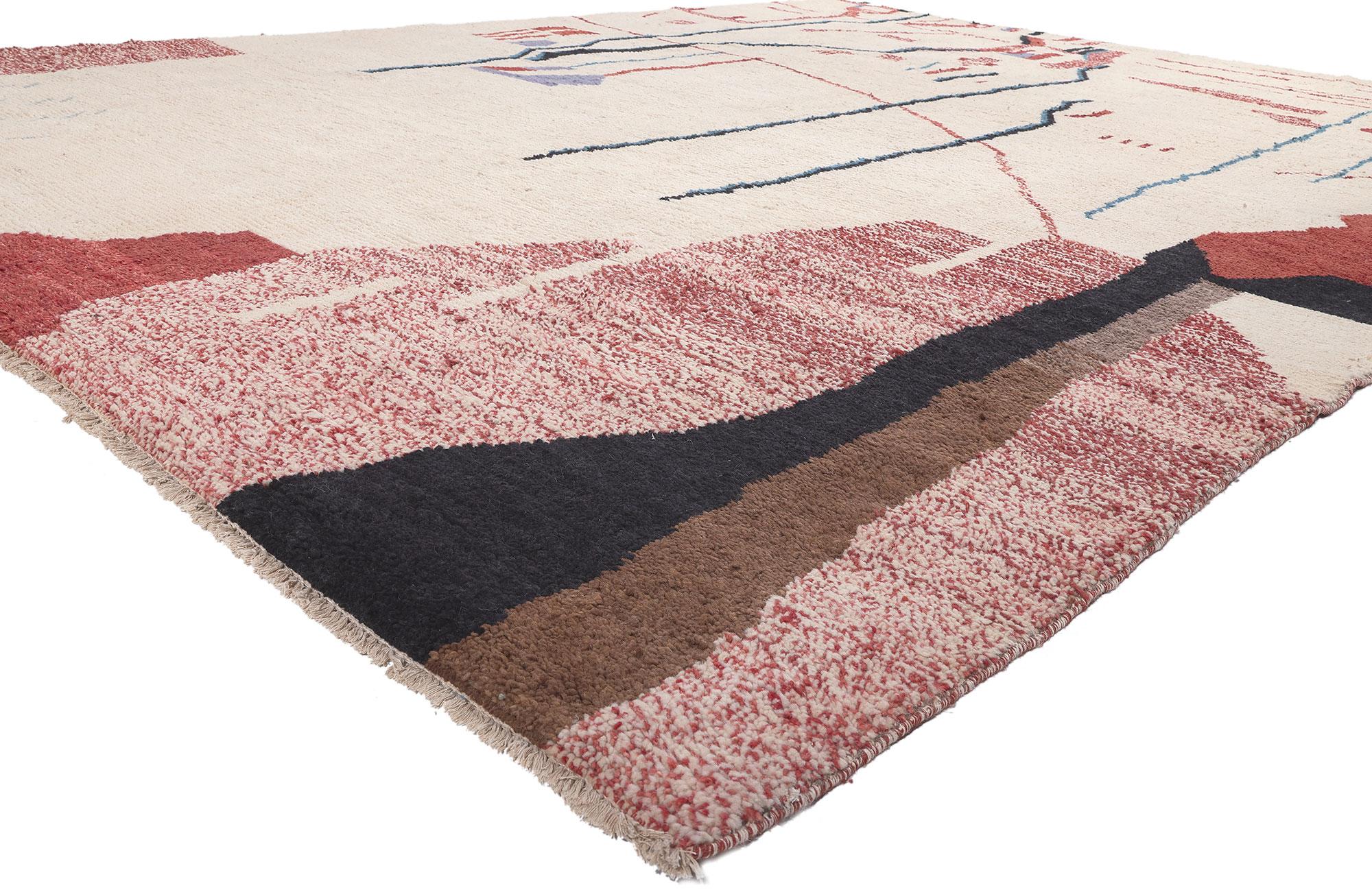 81015 Modern Brutalist Moroccan Rug, 10'04 x 13'07.
Emanating Brutalist style with incredible detail and texture, this modern Moroccan area rug is a captivating vision of woven beauty. The asymmetrical silhouette and dissonant colorway woven into
