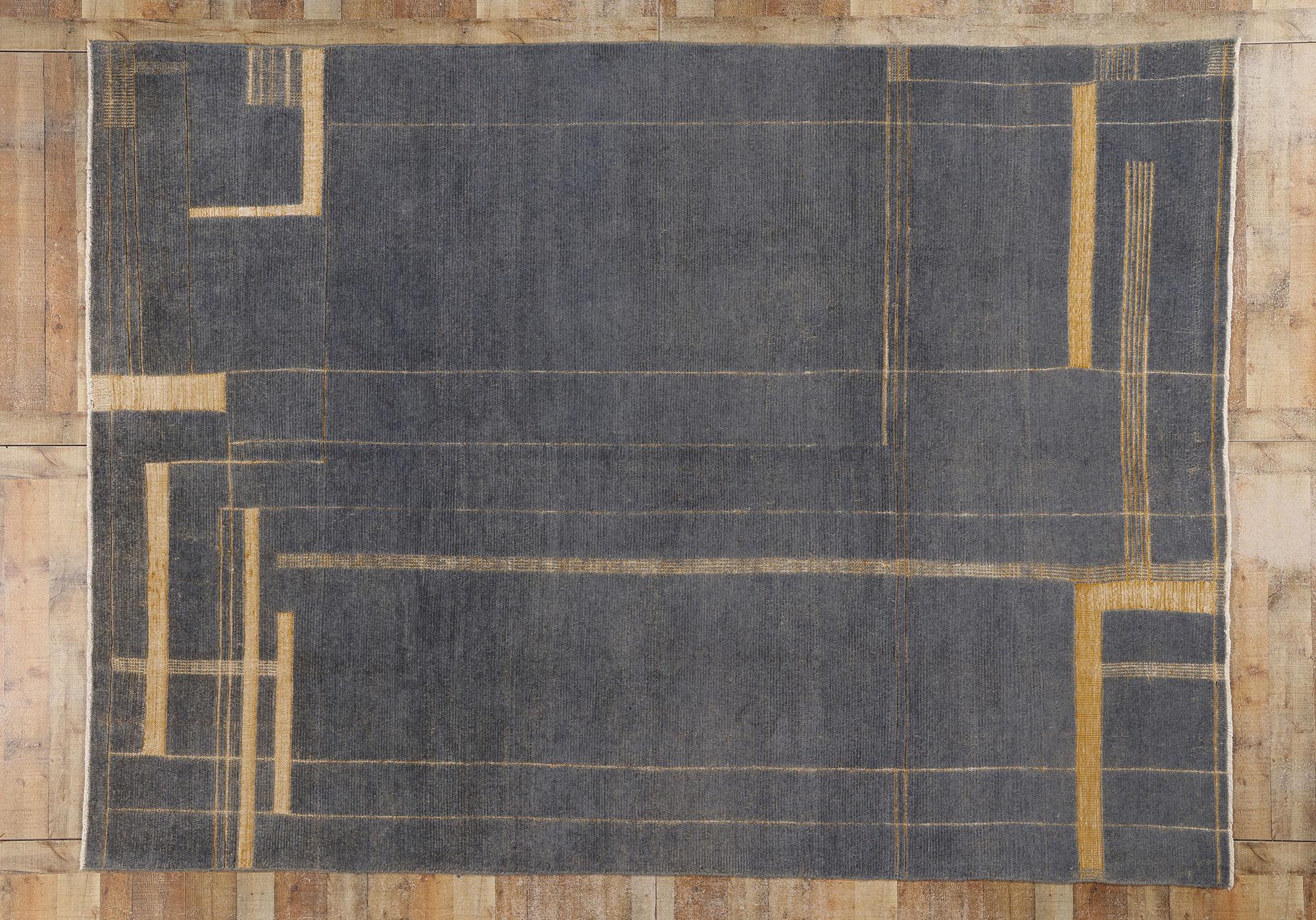 81058 Distressed Modern Brutalist Moroccan Area Rug, 08'06 x 11'07. Reflecting elements of both Organic Modern style and Brutalism, this hand knotted wool slate colored Moroccan area rug embodies a captivating fusion of raw texture and intricate
