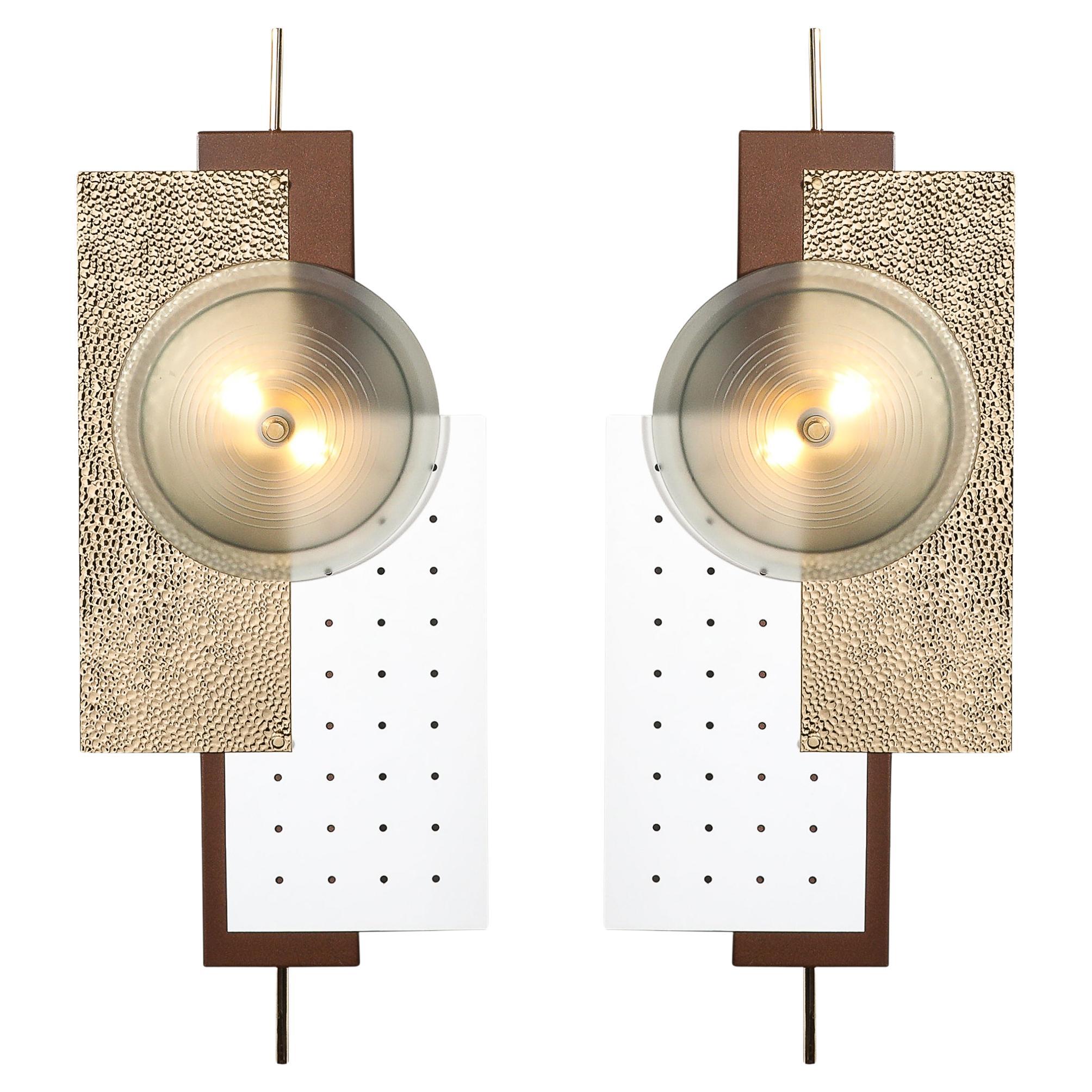 Modern Brutalist Multi-Paneled Sconces in Bronze, Polished Brass & White Enamel