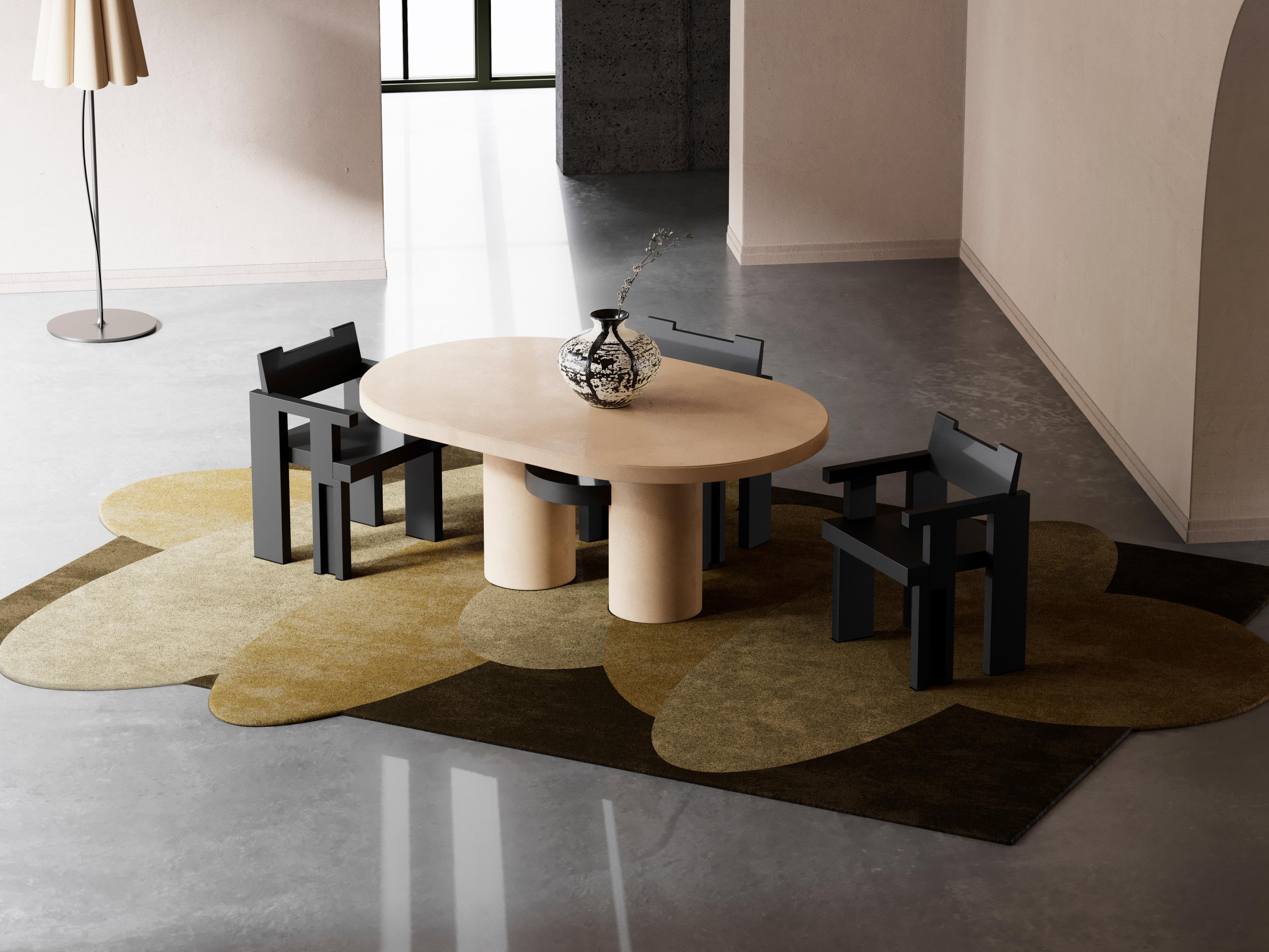 European Modern Brutalist Oval Dining Table Microcement Sand & Black Matte Lacquer Detail For Sale