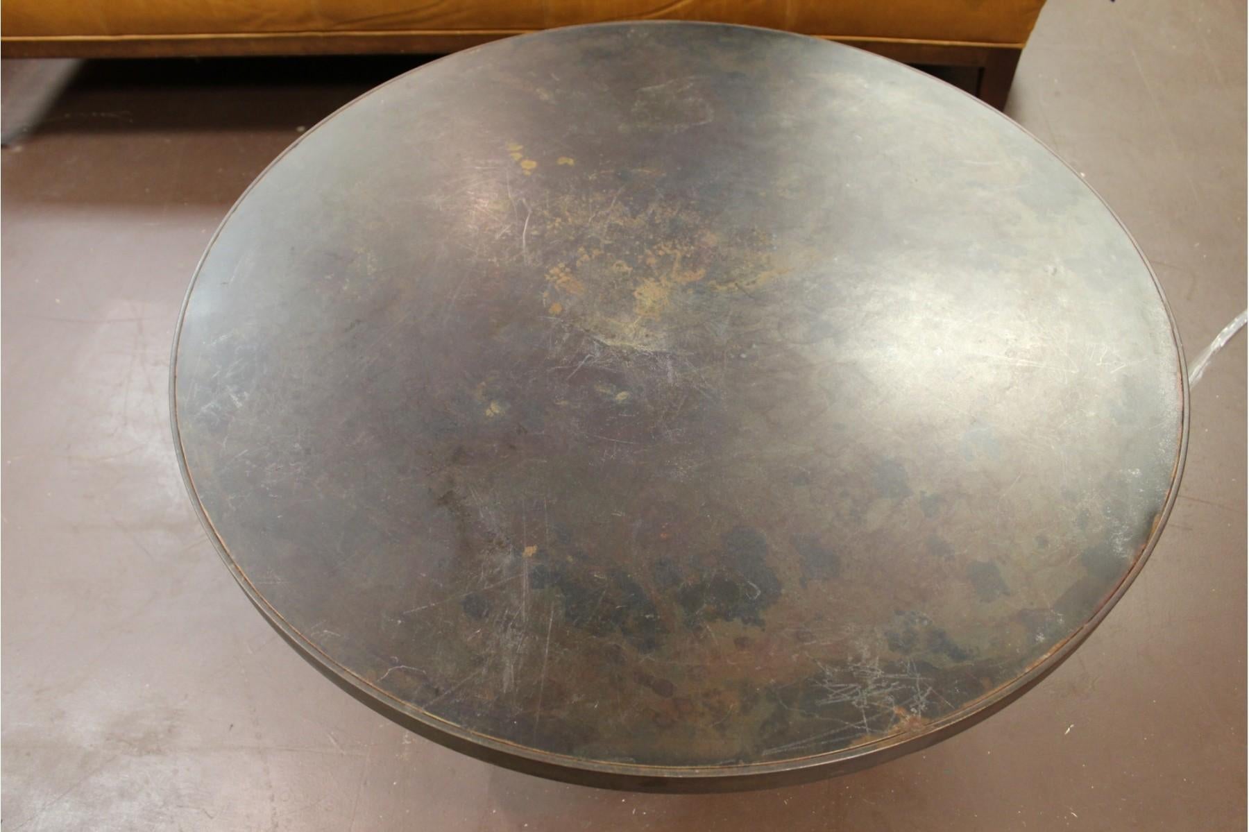 American Modern Brutalist Round Bronzed Metal Custom Coffee Cocktail Table, Curled Foot