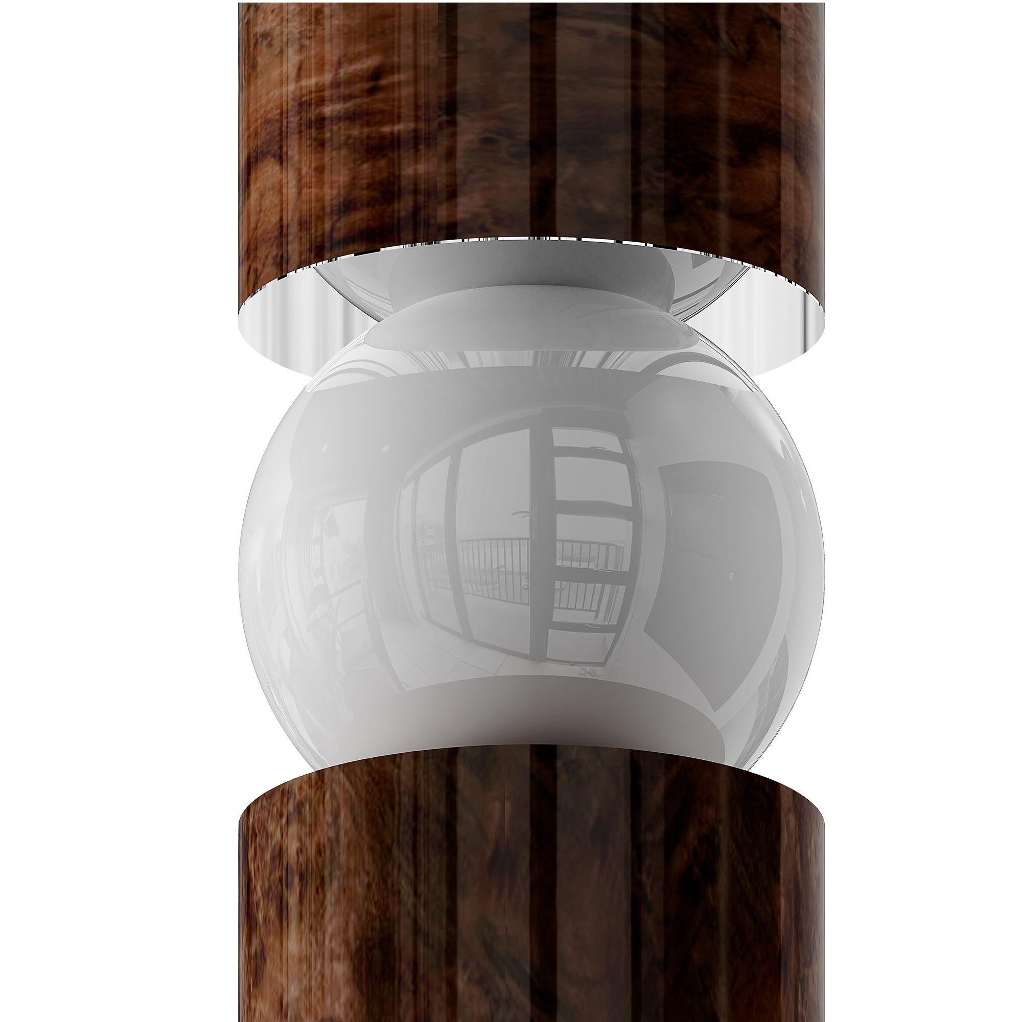 Hand-Crafted Modern Brutalist Rounded Floor Lamp, Walnut Root Veneer, Frosted Glass Light For Sale