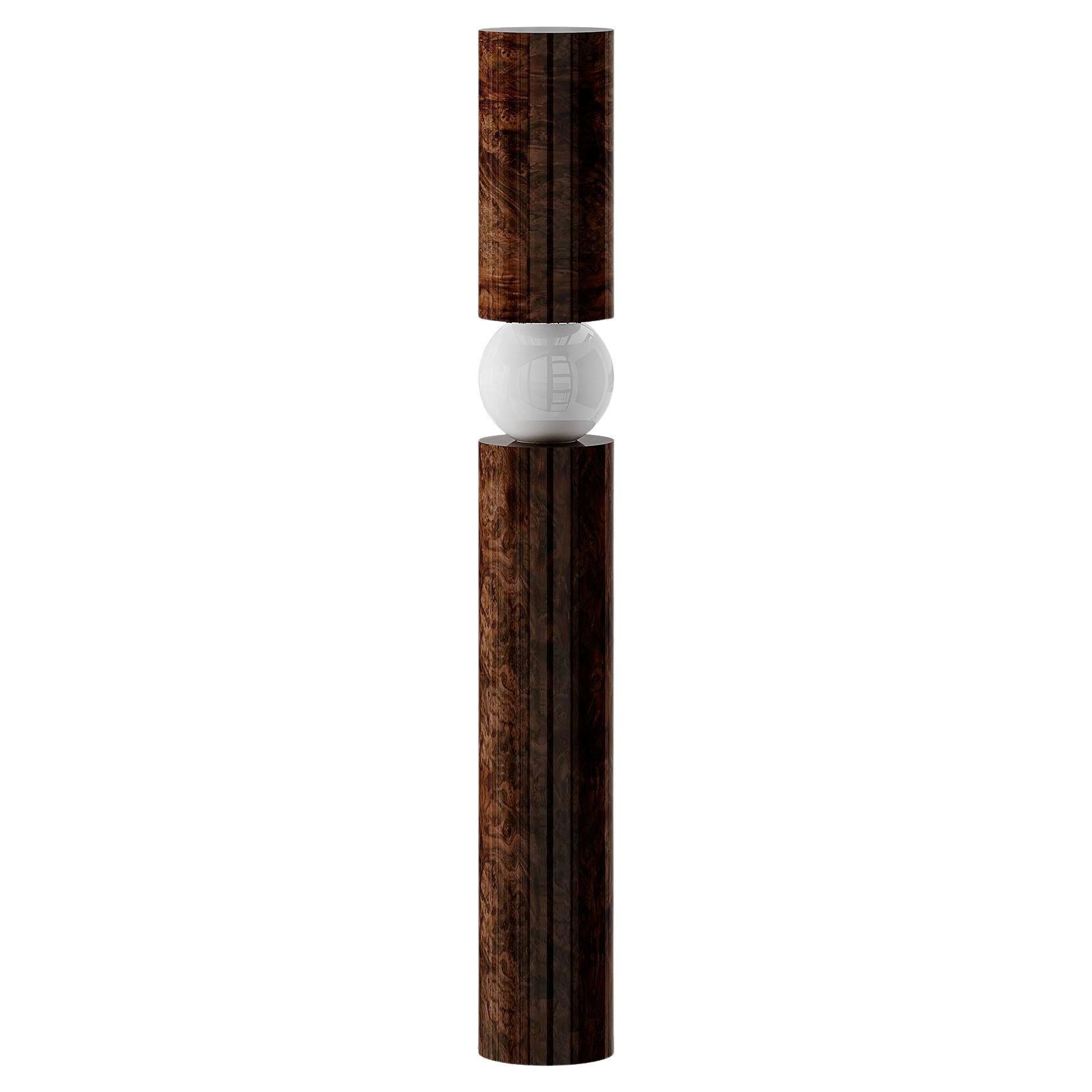 Modern Brutalist Rounded Floor Lamp, Walnut Roots Veneer, Frosted Glass Light (lampe en verre dépoli)