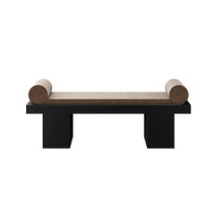 Modern Customizable Bench Black Matte Lacquer Upholstery in Beige Suede
