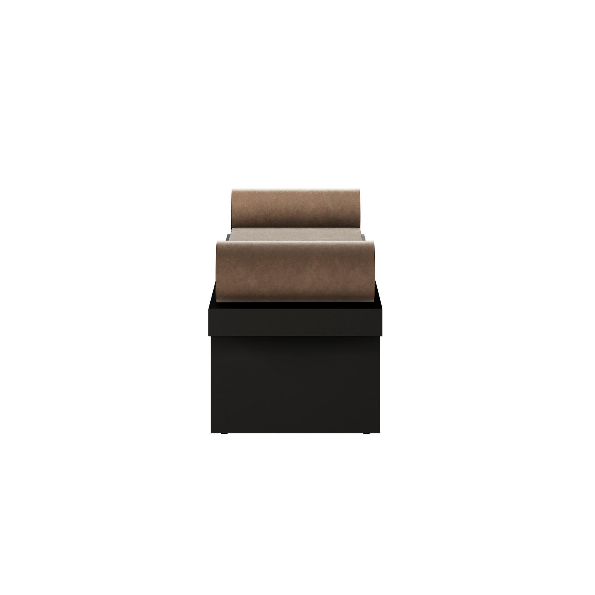 Brutalist Modern Customizable Bench Black Matte Lacquer Upholstery in Beige Suede For Sale