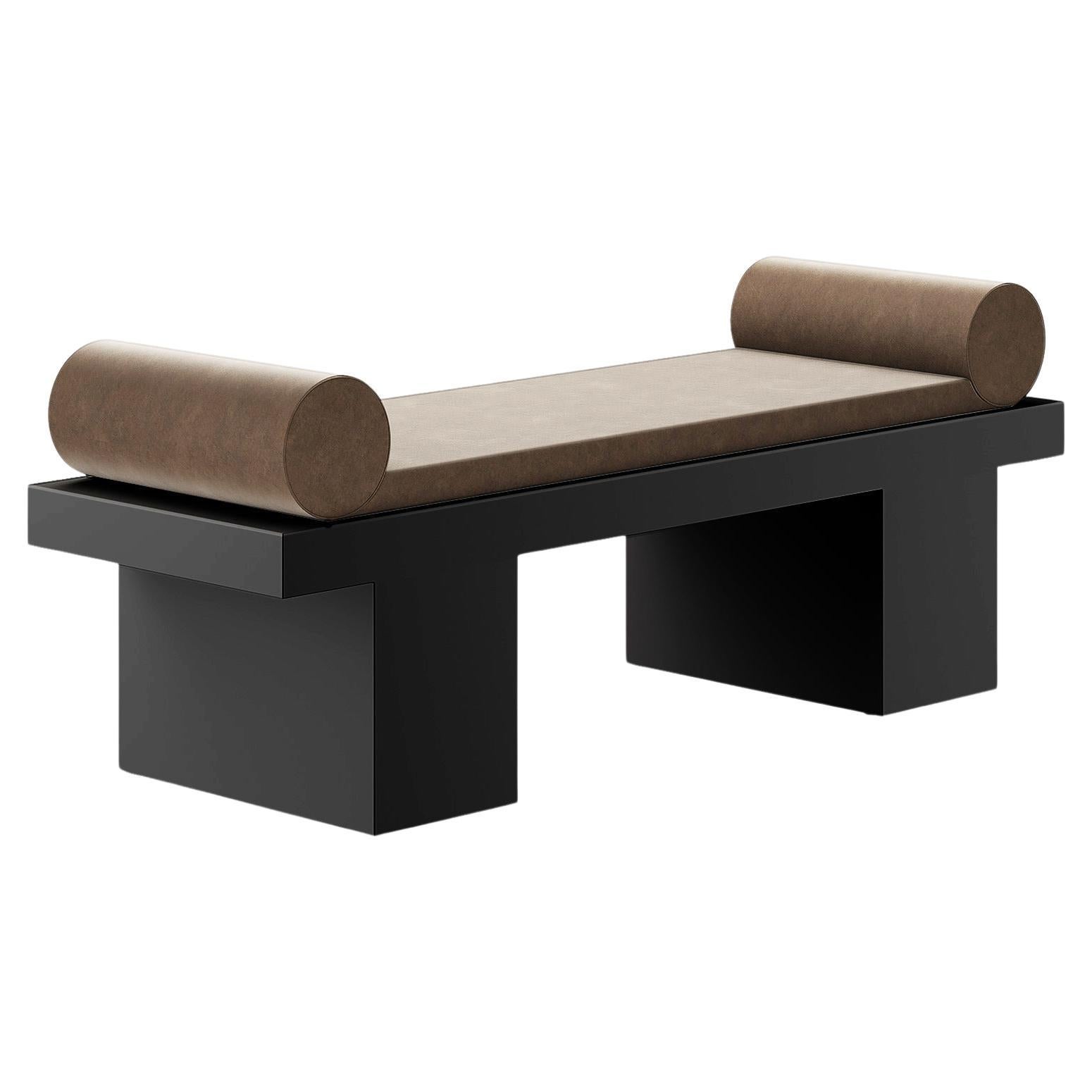 Modern Customizable Bench Black Matte Lacquer Upholstery in Beige Suede For Sale