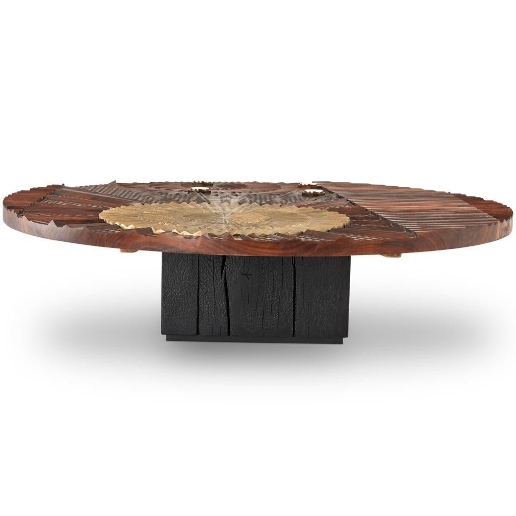 Modern, Brutalist Style Brass, Shou Sugi Ban & Carved Walnut Oromo Coffee Table For Sale 5