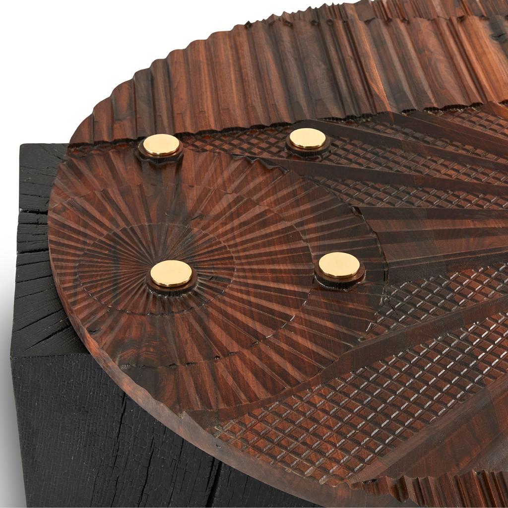 South African Modern, Brutalist Style Brass, Shou Sugi Ban & Carved Walnut Oromo Coffee Table For Sale