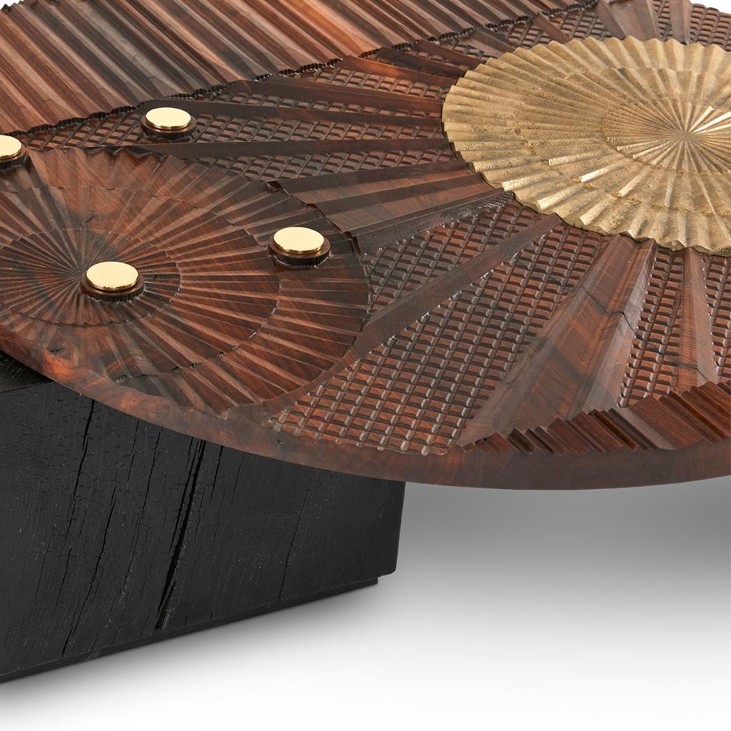 Contemporary Modern, Brutalist Style Brass, Shou Sugi Ban & Carved Walnut Oromo Coffee Table For Sale