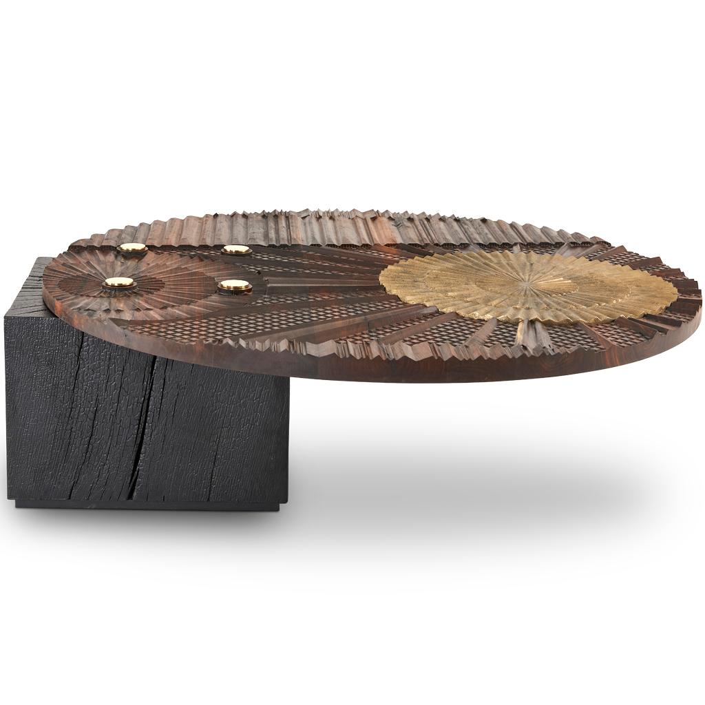 Modern, Brutalist Style Brass, Shou Sugi Ban & Carved Walnut Oromo Coffee Table For Sale 2
