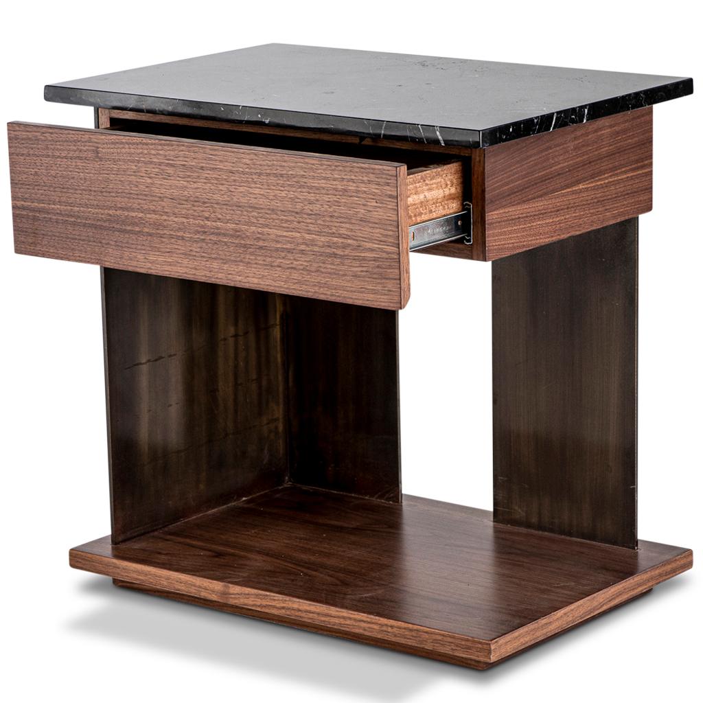 Contemporary Modern, Brutalist, Walnut, Black Marble & Bronzed Steel Puzzle Bedside Pedestal For Sale