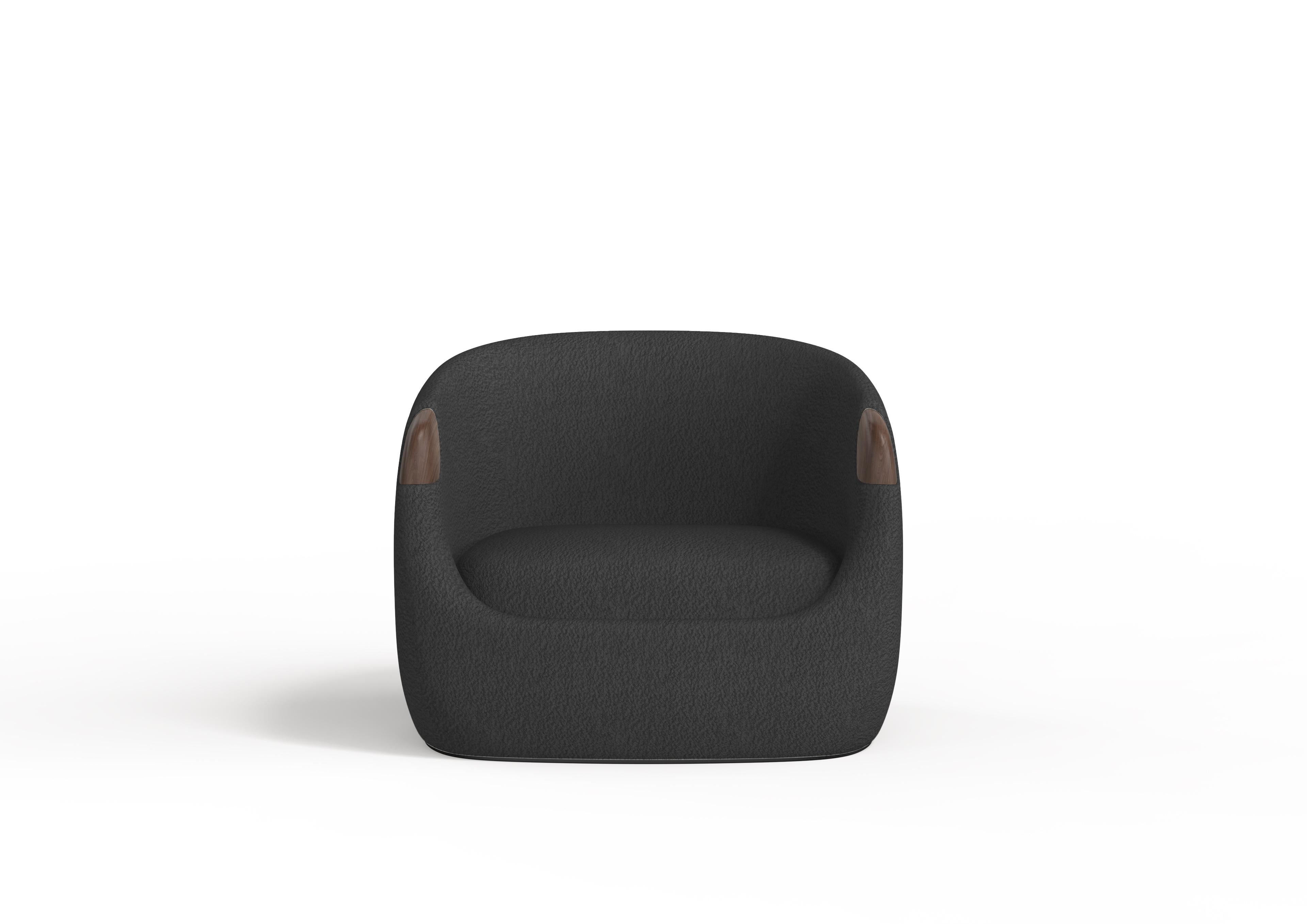 Portuguese Modern Bubble Armchair in Black Boucle and Walnut For Sale