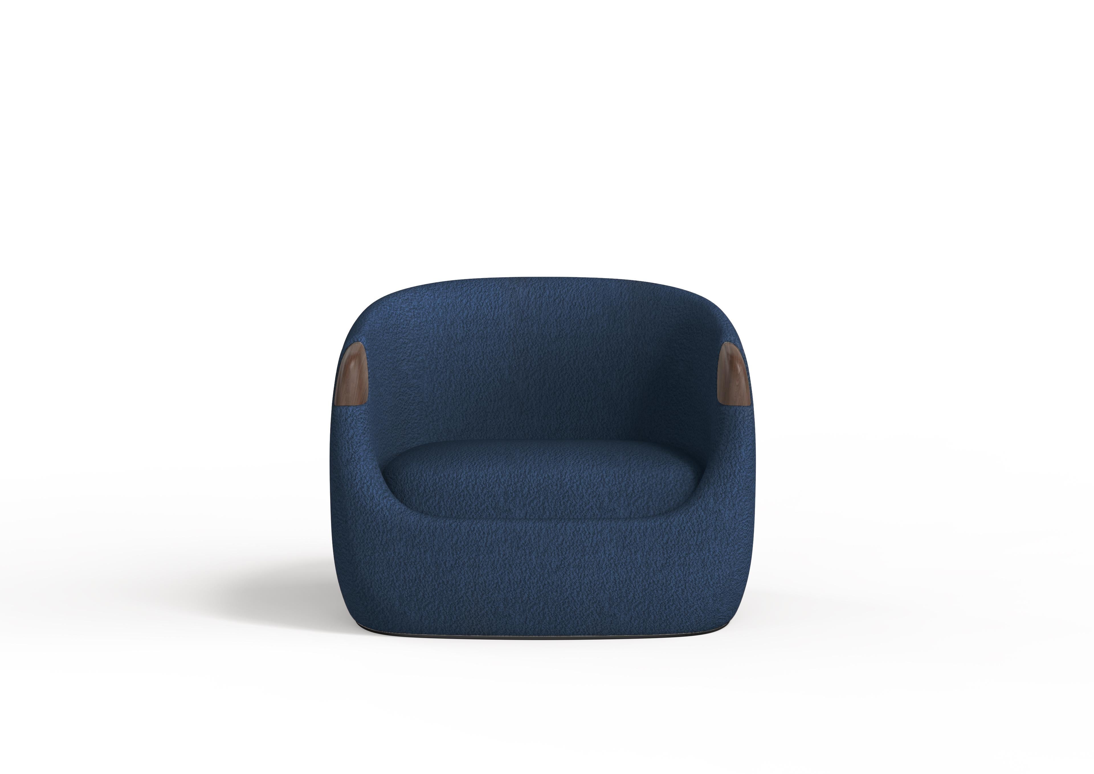 Portuguese Modern Bubble Armchair in Blue Boucle and Walnut For Sale