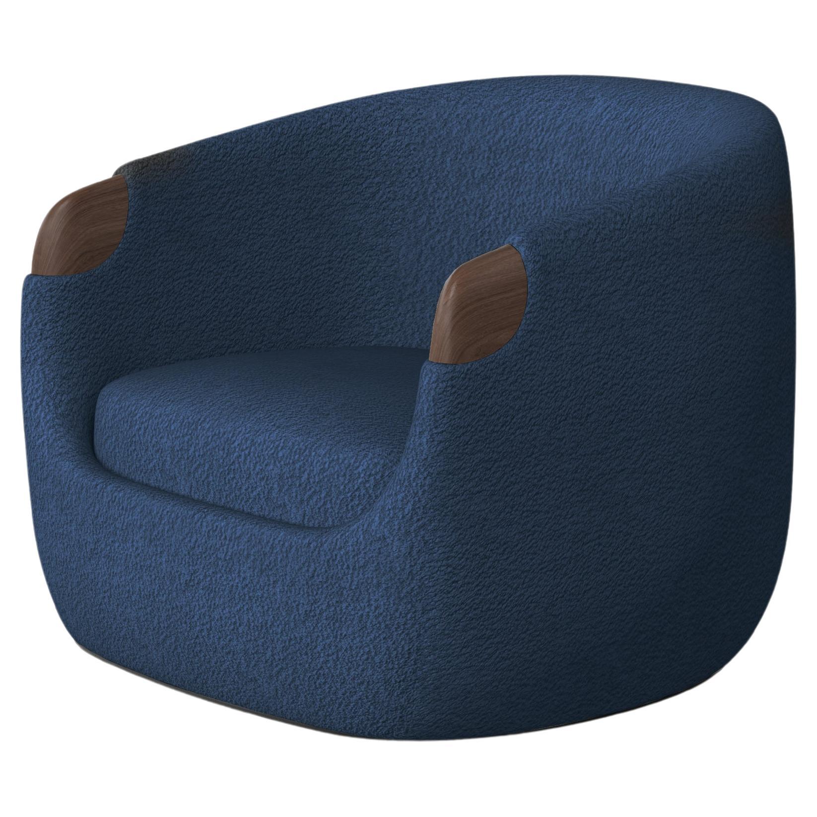 Modern Bubble Armchair in Blue Boucle and Walnut