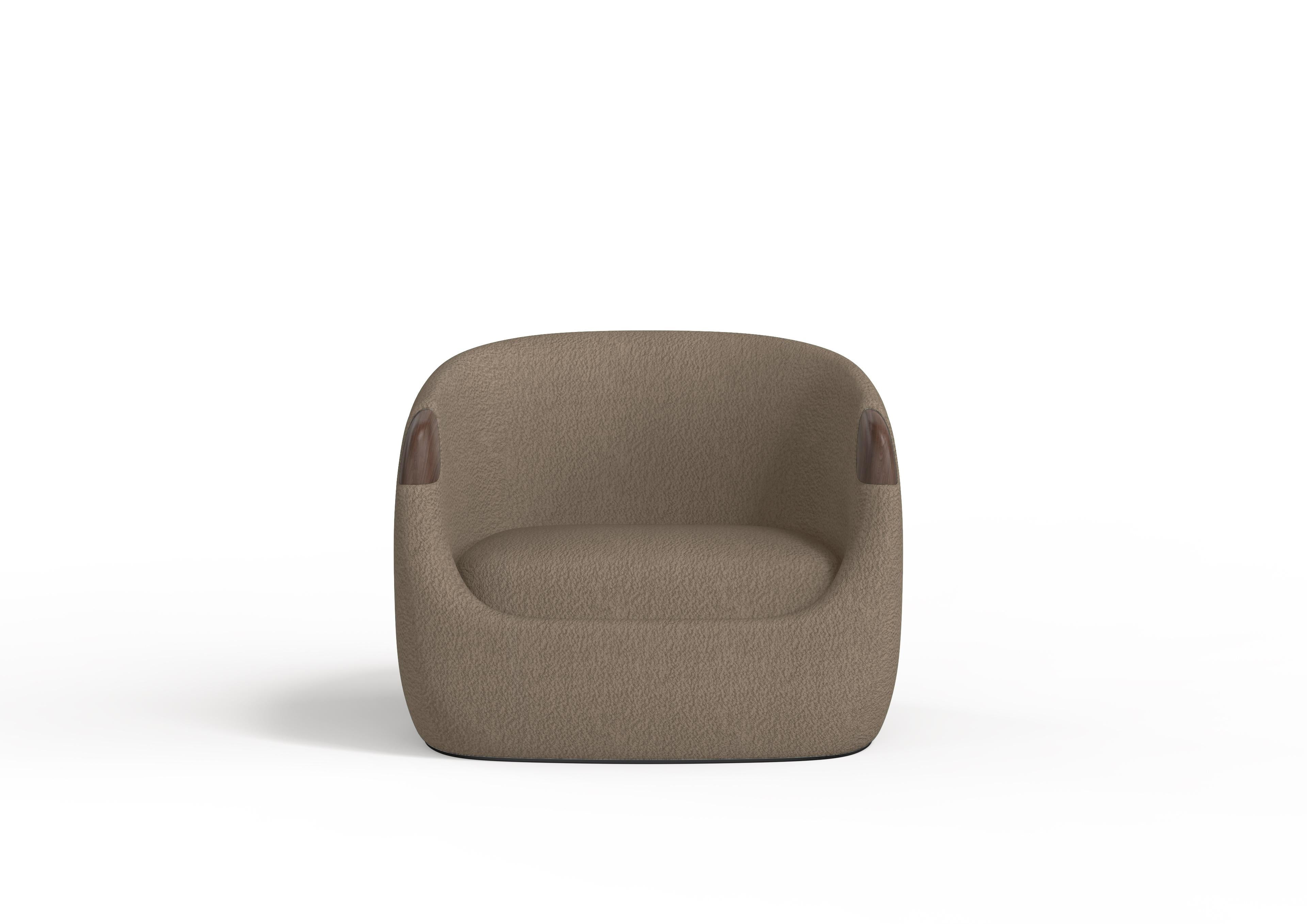 Portuguese Modern Bubble Armchair in Brown Boucle and Walnut For Sale