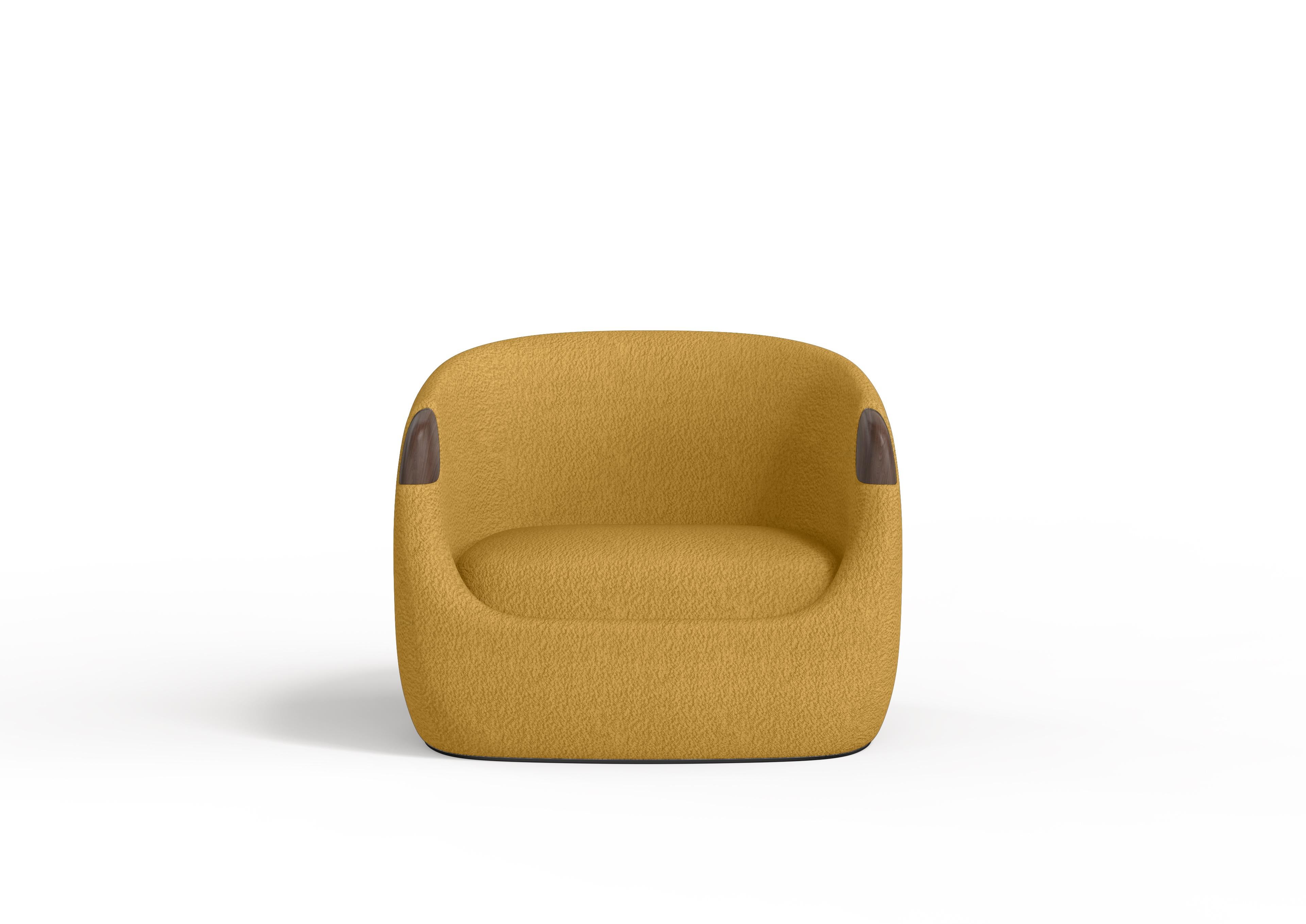 Portuguese Modern Bubble Armchair in Mustard Boucle and Walnut For Sale