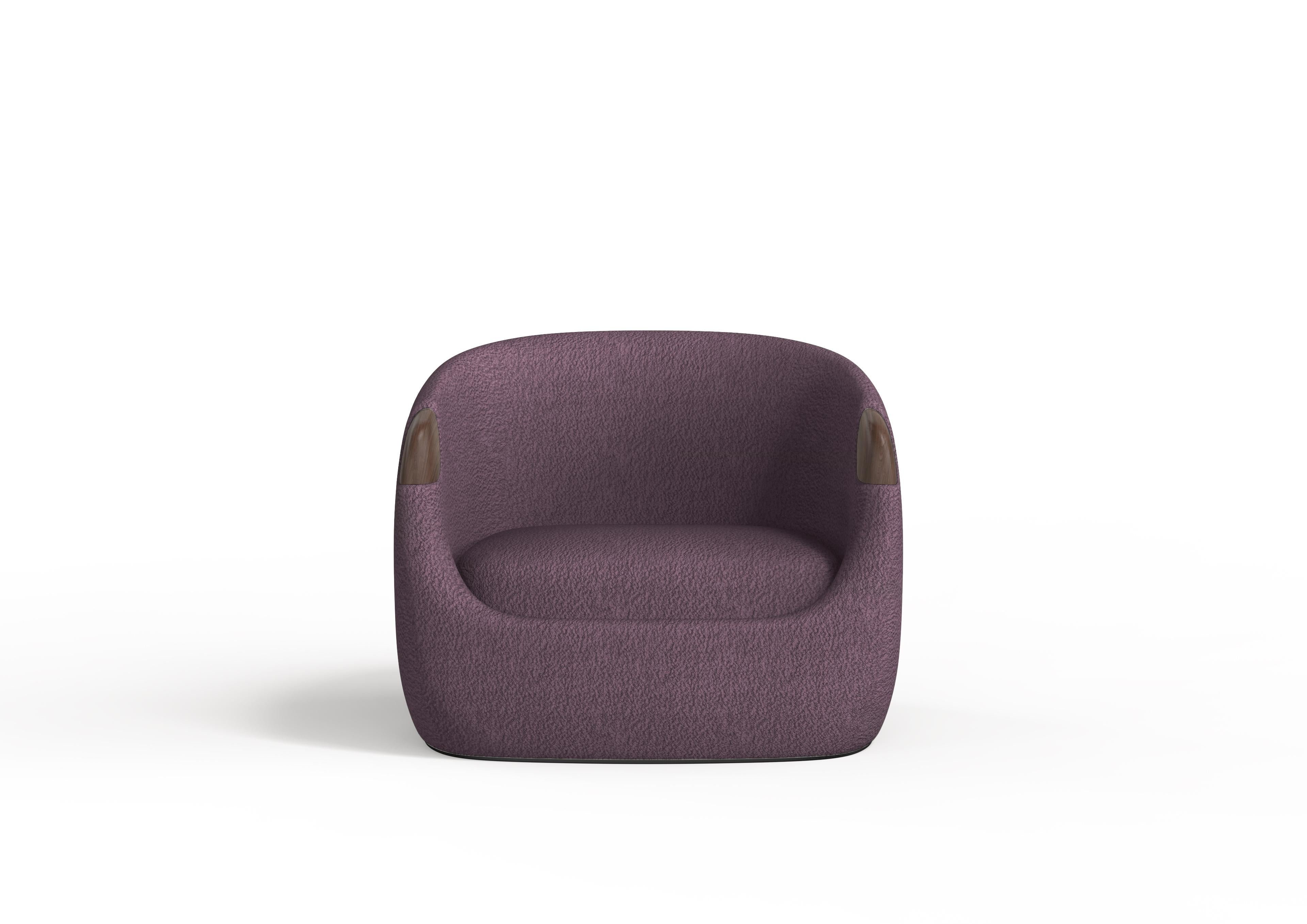 Portuguese Modern Bubble Armchair in Purple Boucle and Walnut For Sale