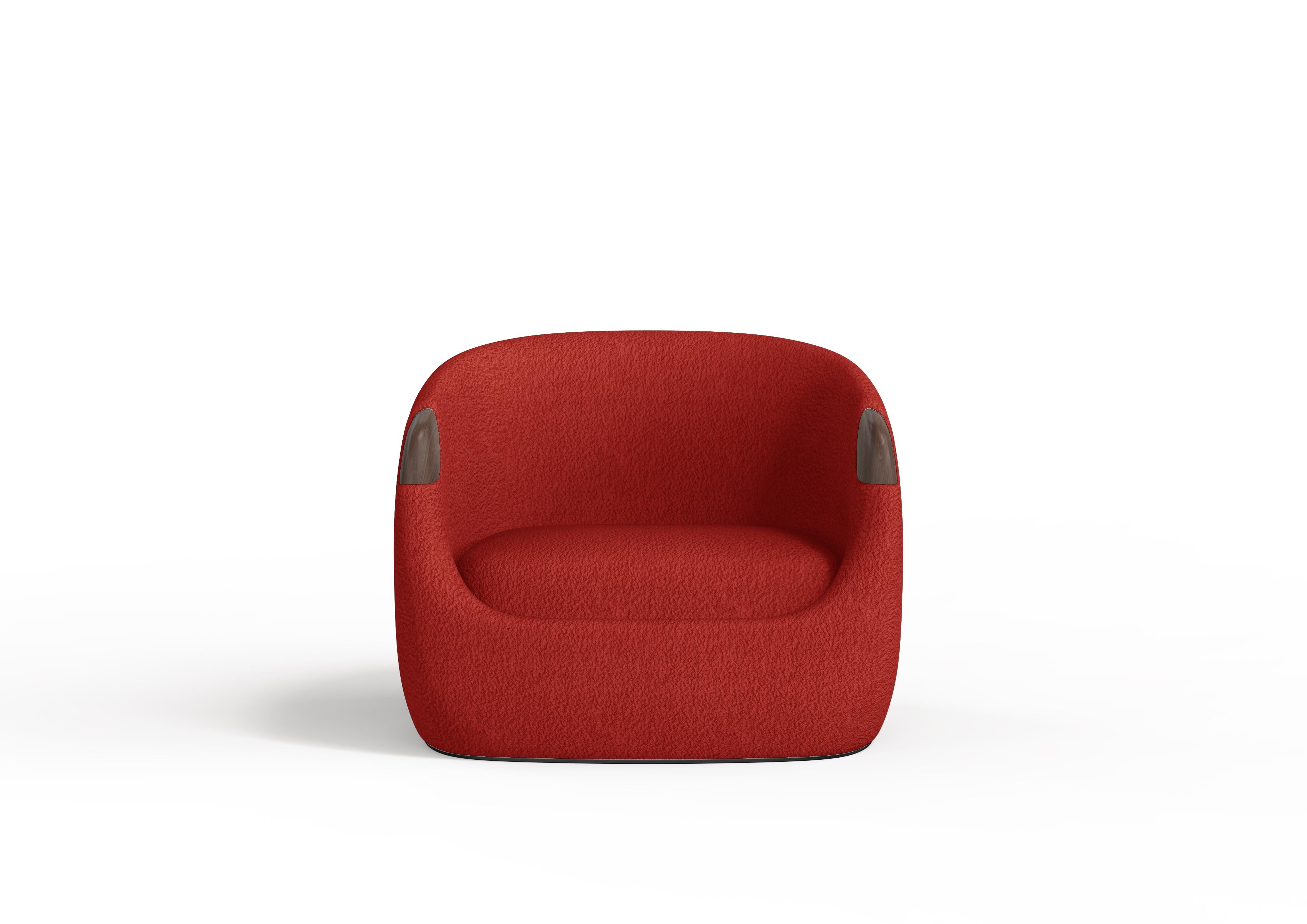 Portoghese Poltrona moderna Bubble in bouclè rosso e noce in vendita