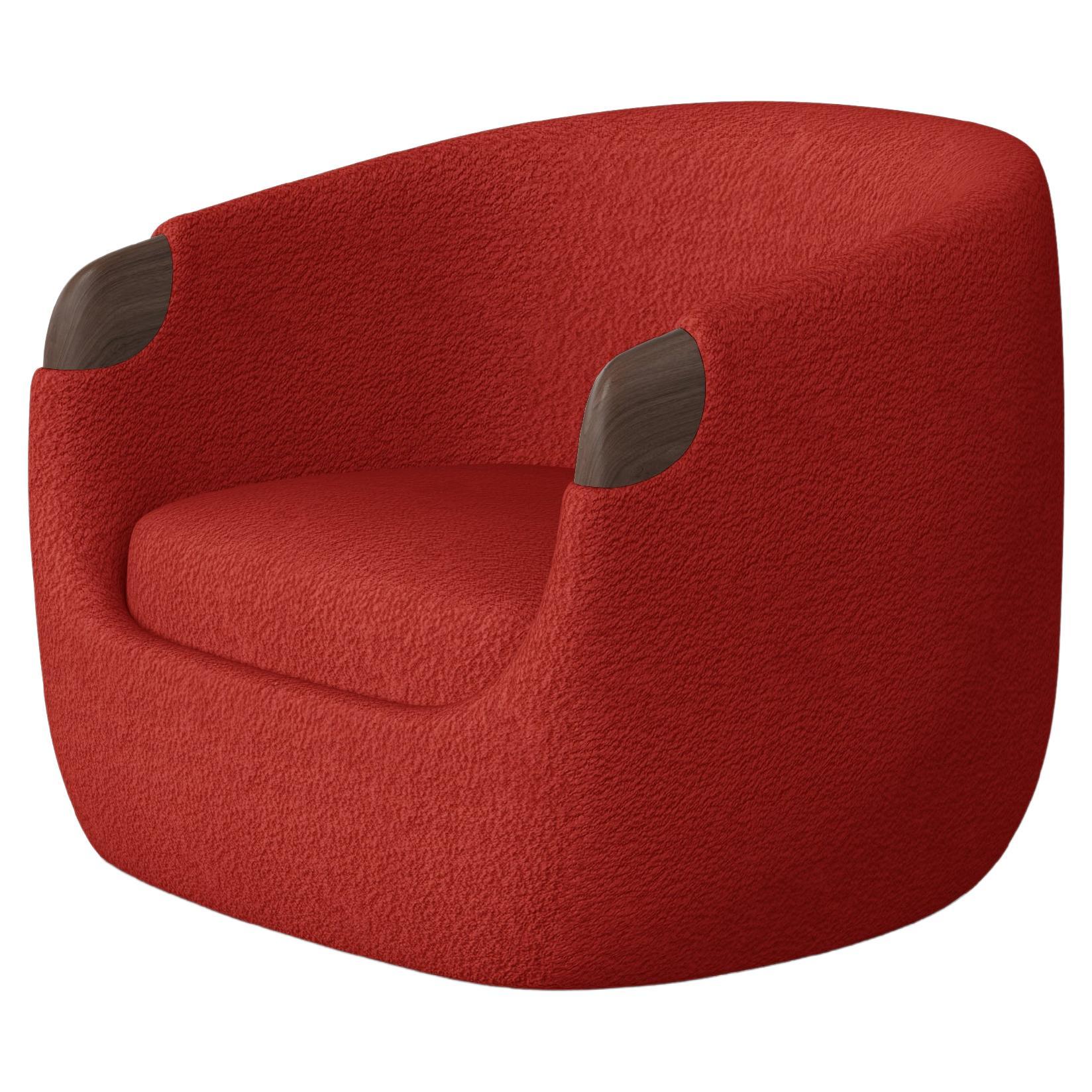 Modern Bubble Armchair in Red Boucle and Walnut