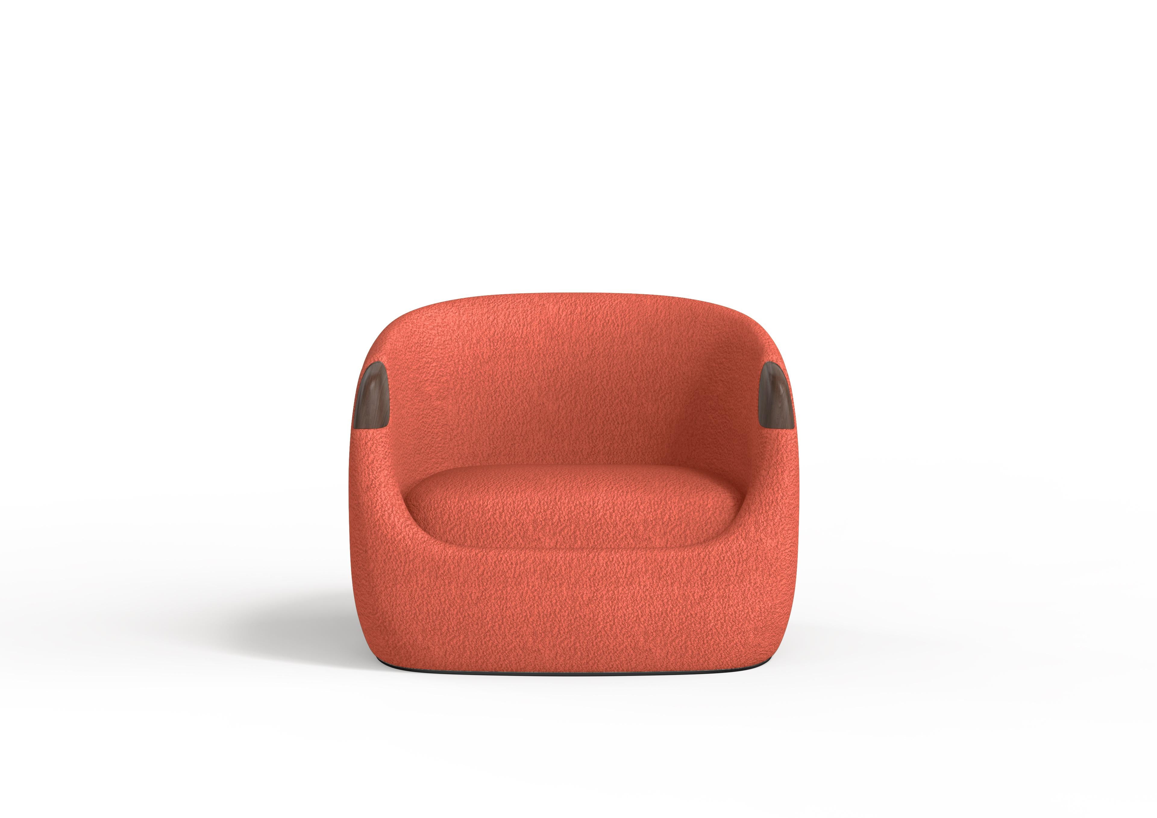 Portuguese Modern Bubble Armchair in Salmon Boucle and Walnut For Sale