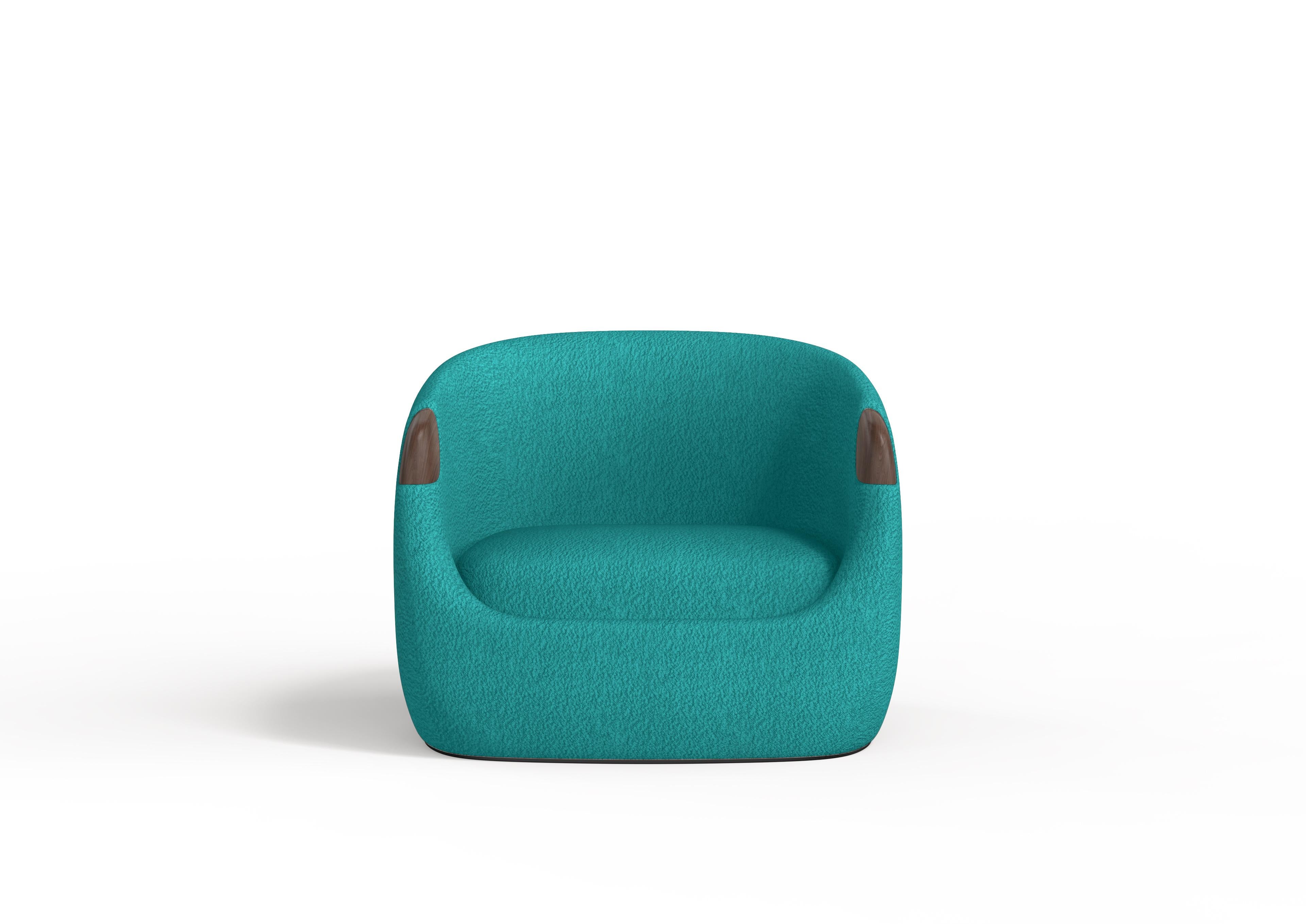 Portuguese Modern Bubble Armchair in Teal Boucle and Walnut For Sale