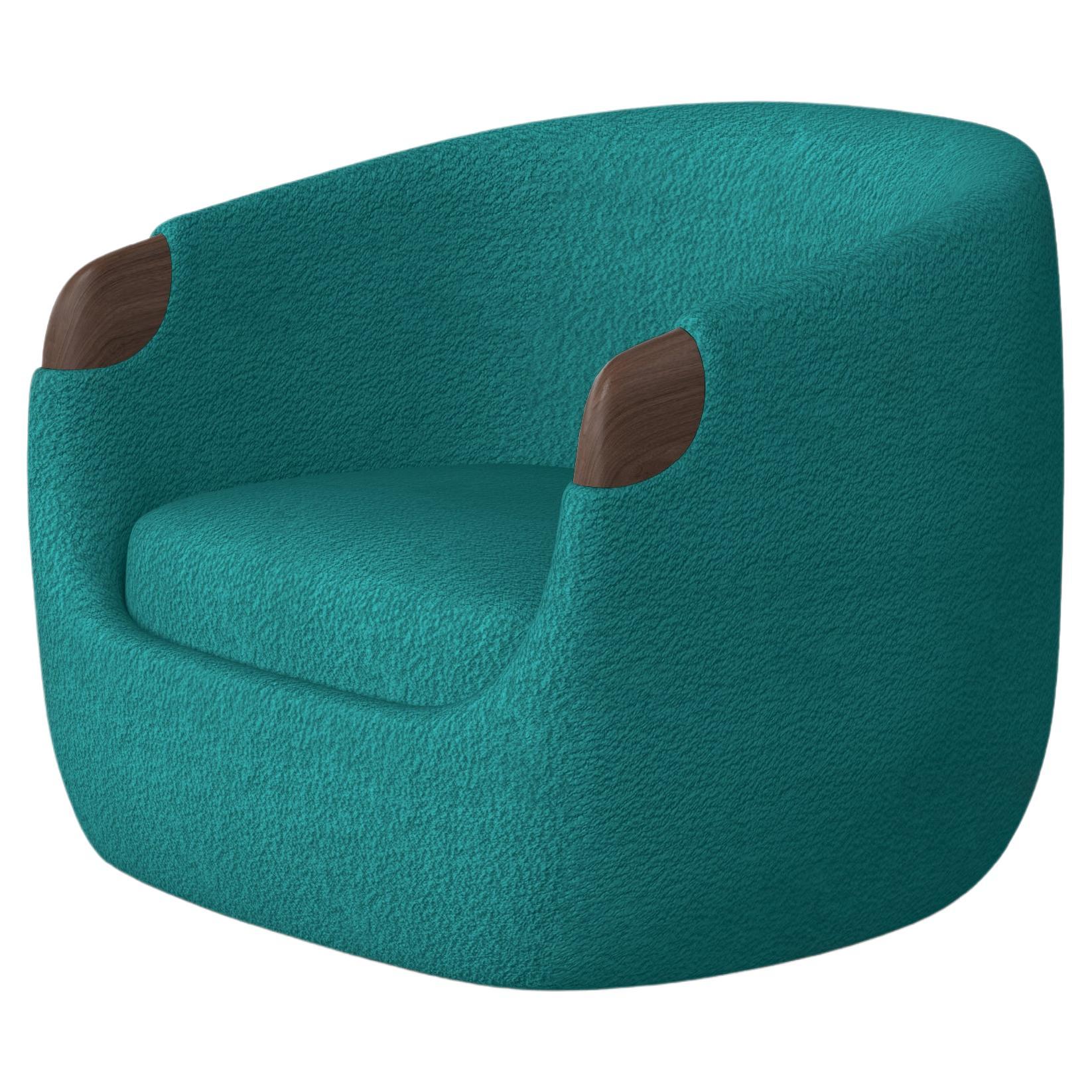 Modern Bubble Armchair in Teal Boucle and Walnut For Sale