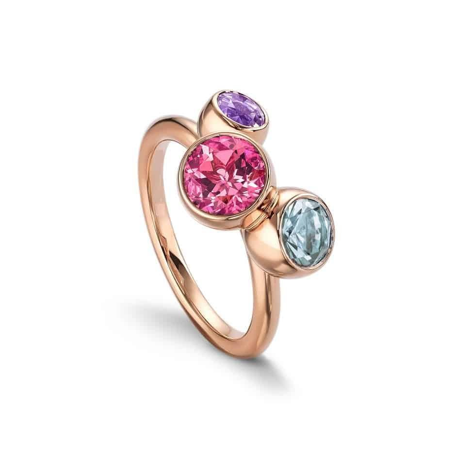 oro rosa 18 carati
3 gemme autentiche di tormalina rosa, acquamarina e ametista - peso totale in carati di 3,5 CT