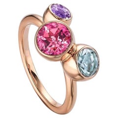 Modern Bubble Pink Tourmaline, Aquamarine & Amethyst Ring Set in 18K Rose Gold 