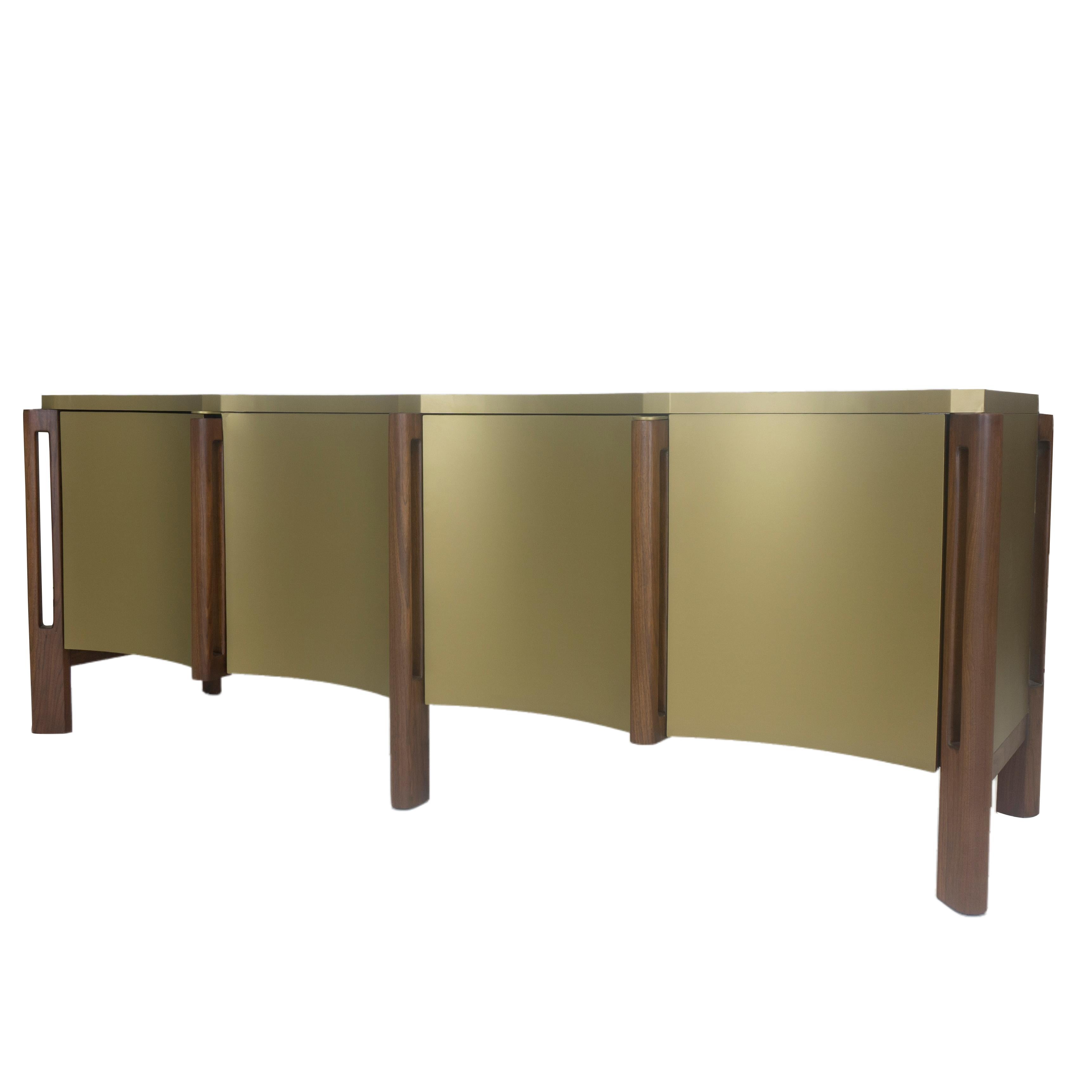 Contemporary Modern Buffet Table with Glass Top and Scalloped Edge For Sale